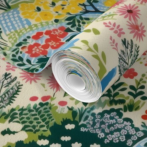 A roll of Colorful Cozy Village Wallpaper by Stannie & Lloyd for living room unraveling across various patterned designs.