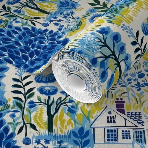 Roll of Cozy Cottage in Blue Wallpaper by Stannie & Lloyd with a floral and art prints design unrolling on a flat surface.