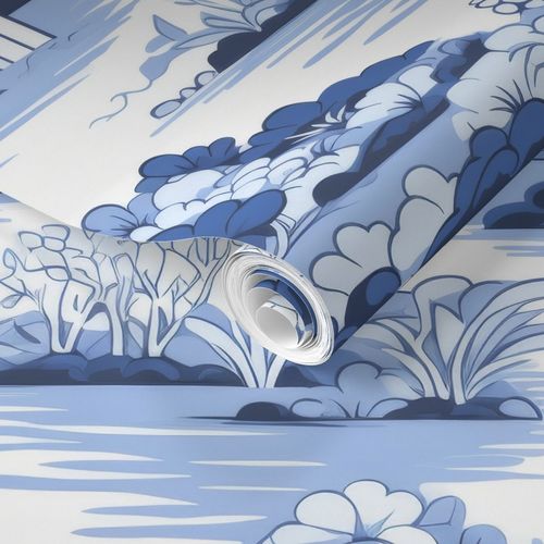 A roll of Stannie & Lloyd Large Blue Chinoiserie Wallpaper, unfurling across a flat surface.