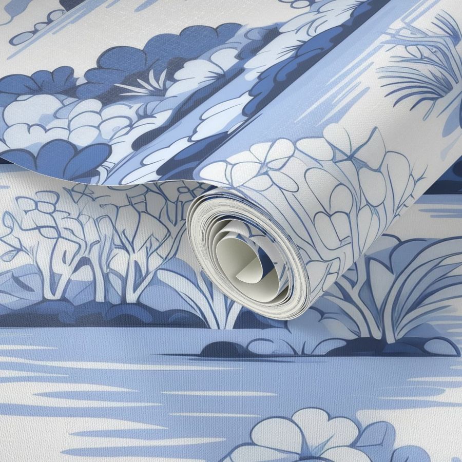 A roll of Large Blue Chinoiserie Wallpaper by Stannie & Lloyd for living room unrolling against a backdrop of the same design.