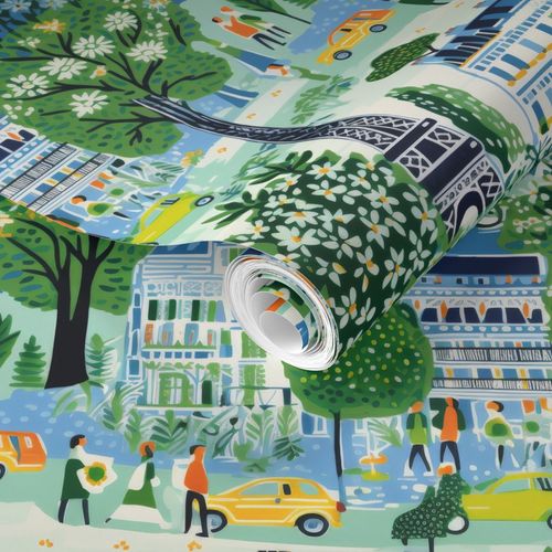 A roll of Spring in Paris wallpaper by Stannie & Lloyd with a colorful cityscape and art prints design.