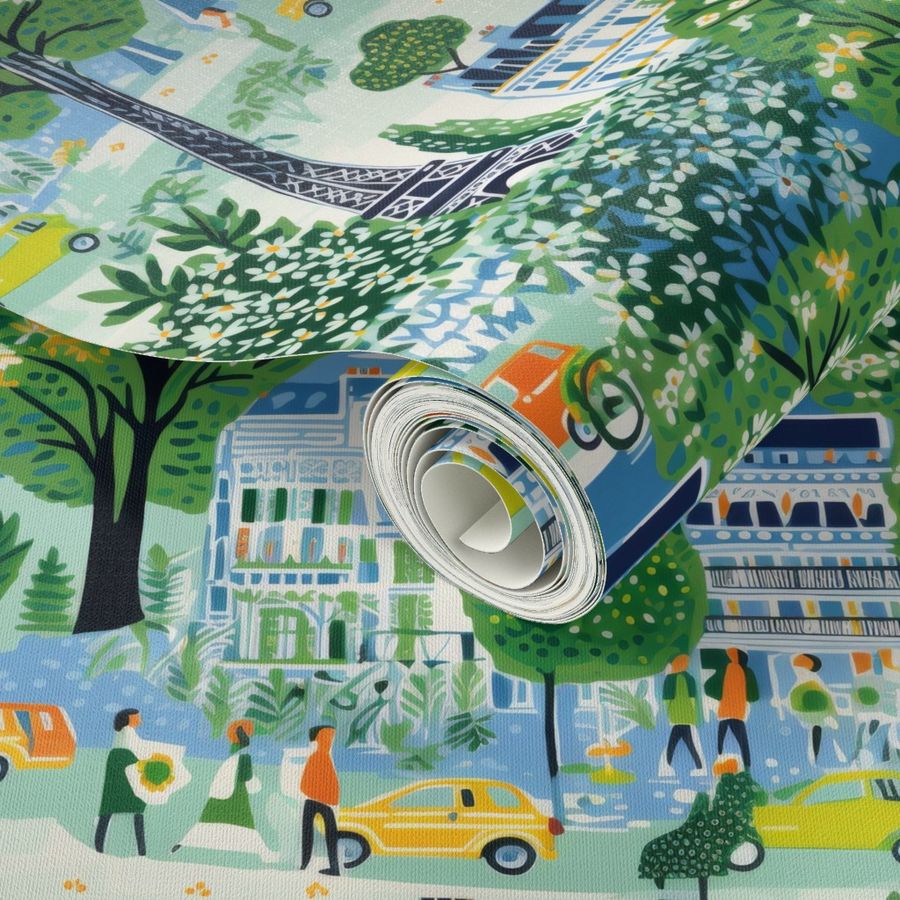A Spring in Paris Wallpaper by Stannie & Lloyd with a vibrant illustration of an urban landscape and wall decor.