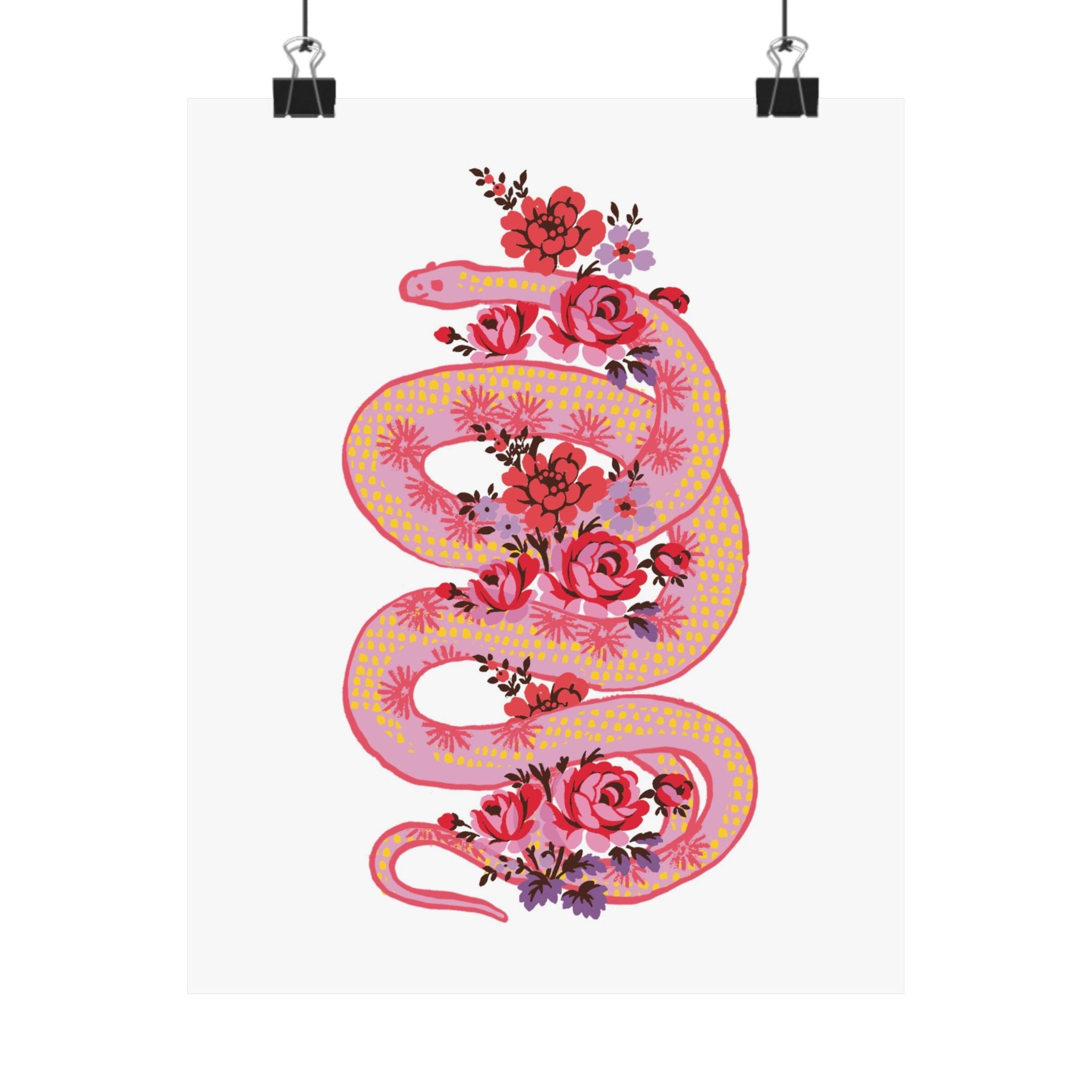 The "Snake with Roses" Large Matte Poster from Printify features a pink snake in an S-shape with red, purple, and pink flowers on white, printed on museum-grade paper with archival inks. Available in 7 sizes.