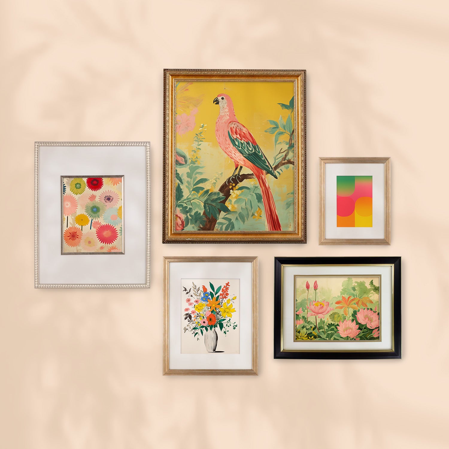 A Stannie & Lloyd gallery wall displaying a Mod Cottage 5 Piece Set of framed artworks.