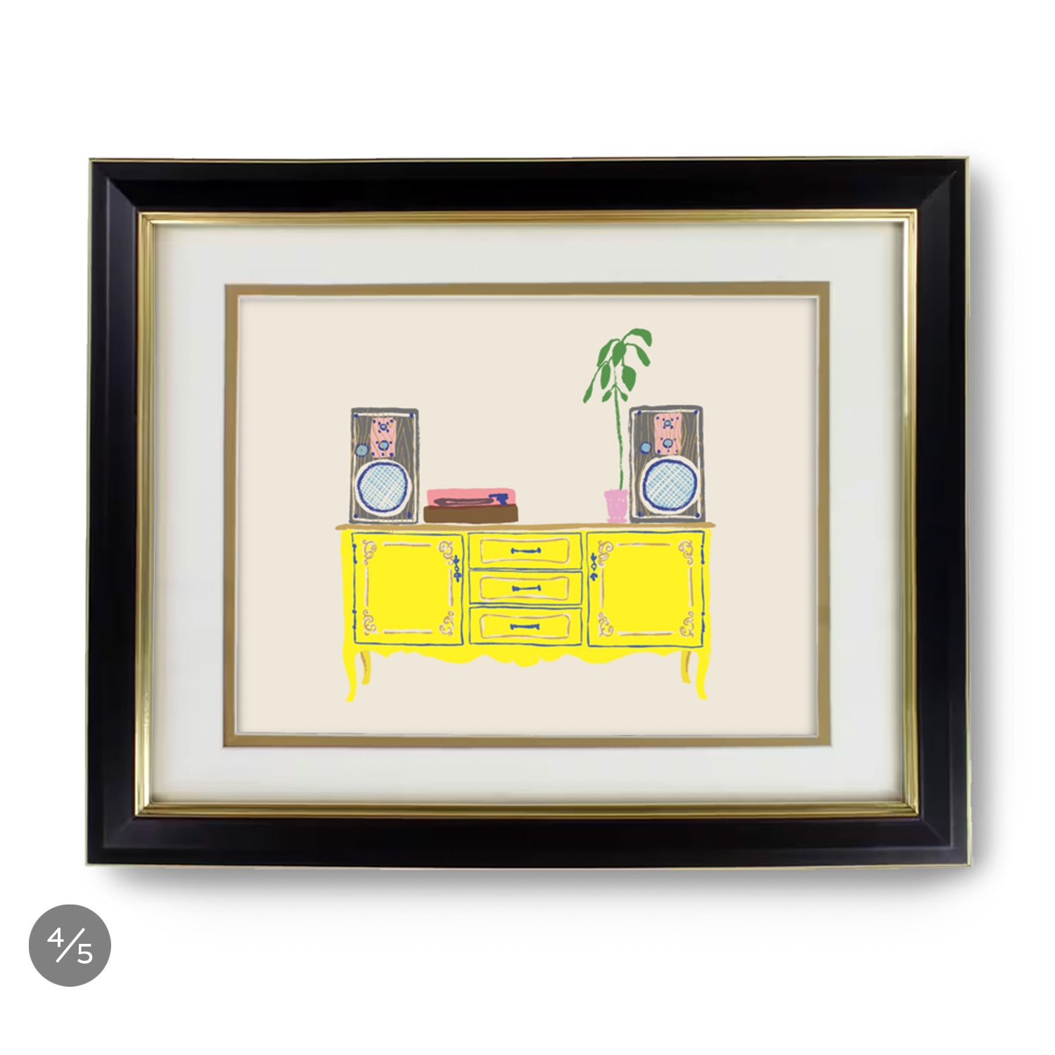 An illustration of a yellow dresser with speakers, showcased as part of a Stannie & Lloyd gallery wall featuring art frames. The gallery wall is the Modern Millie 5 Piece Set.