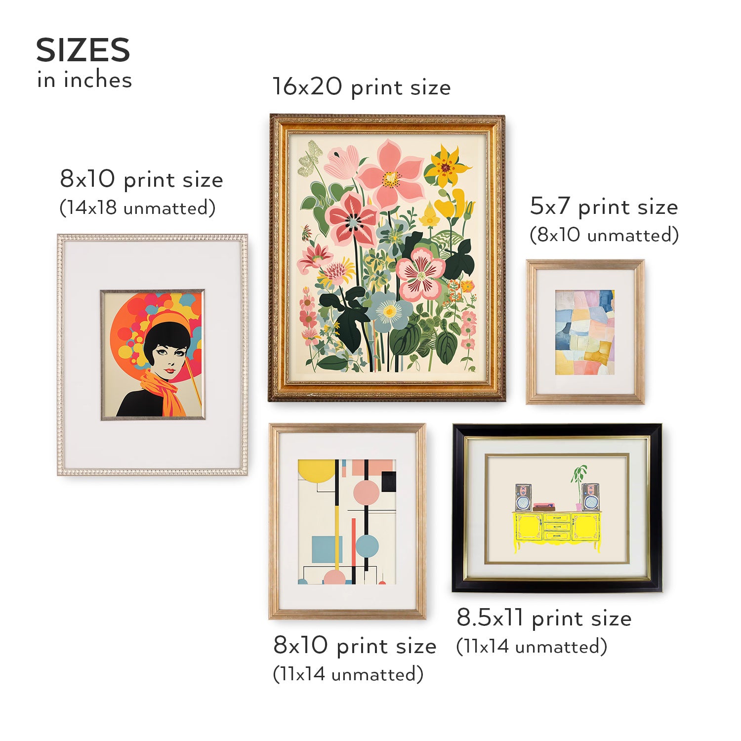 A Stannie & Lloyd gallery wall featuring different framed prints, showcasing the varying sizes within the art collection.
