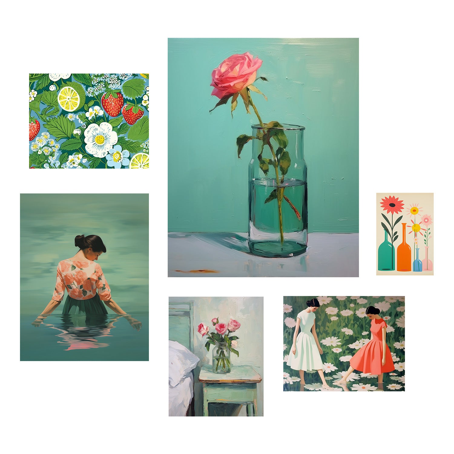 A stunning art collage featuring a woman gracefully depicted within a vase. This unique Gallery Wall | Sweet Tart | 6 Piece Set by Stannie & Lloyd is sure to catch the eye and add a touch of elegance to any space. With its mix and match options, this set is perfect for creating a cohesive and curated look on any wall.