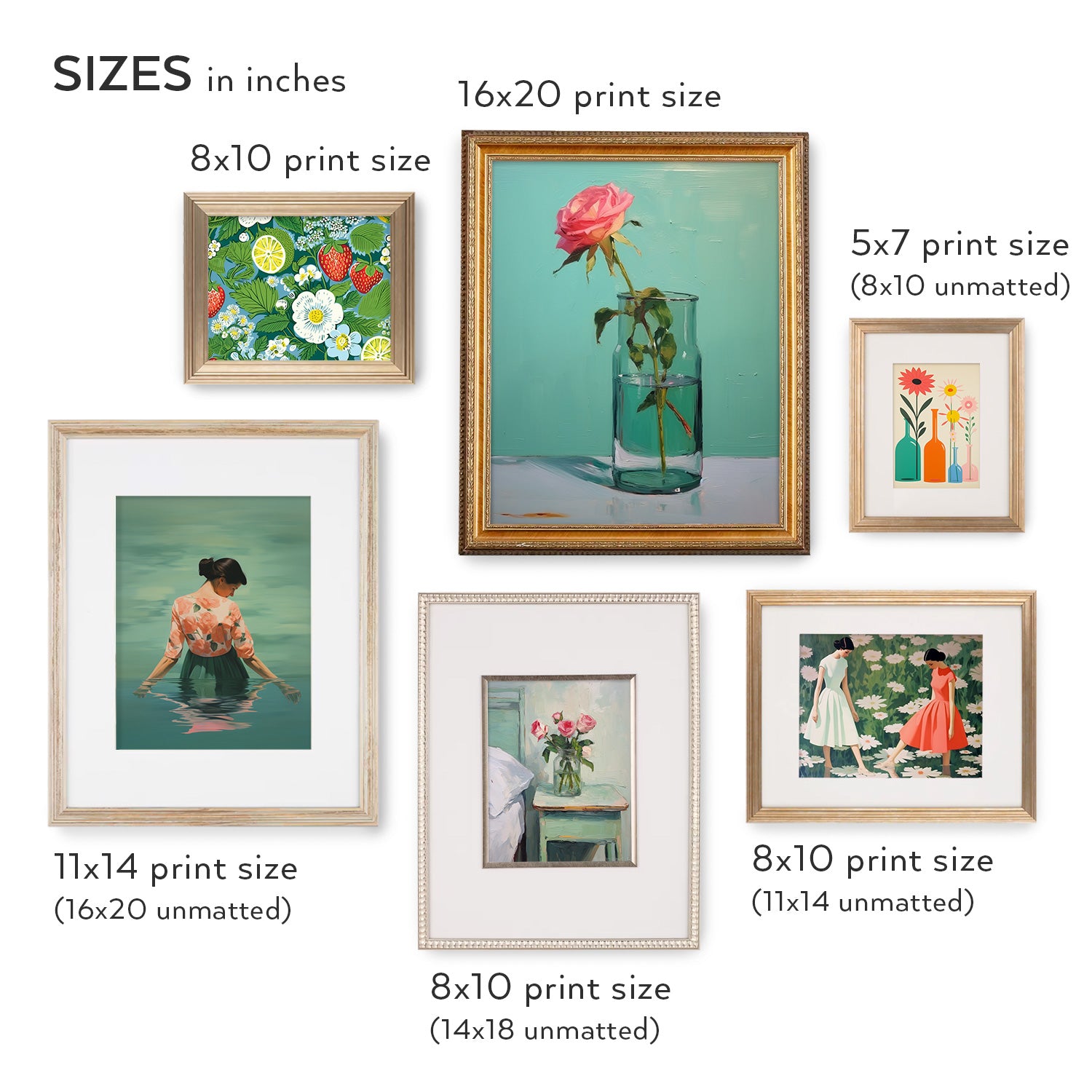 An Stannie & Lloyd art gallery wall showcasing a mix and match of Sweet Tart framed prints in varying sizes.