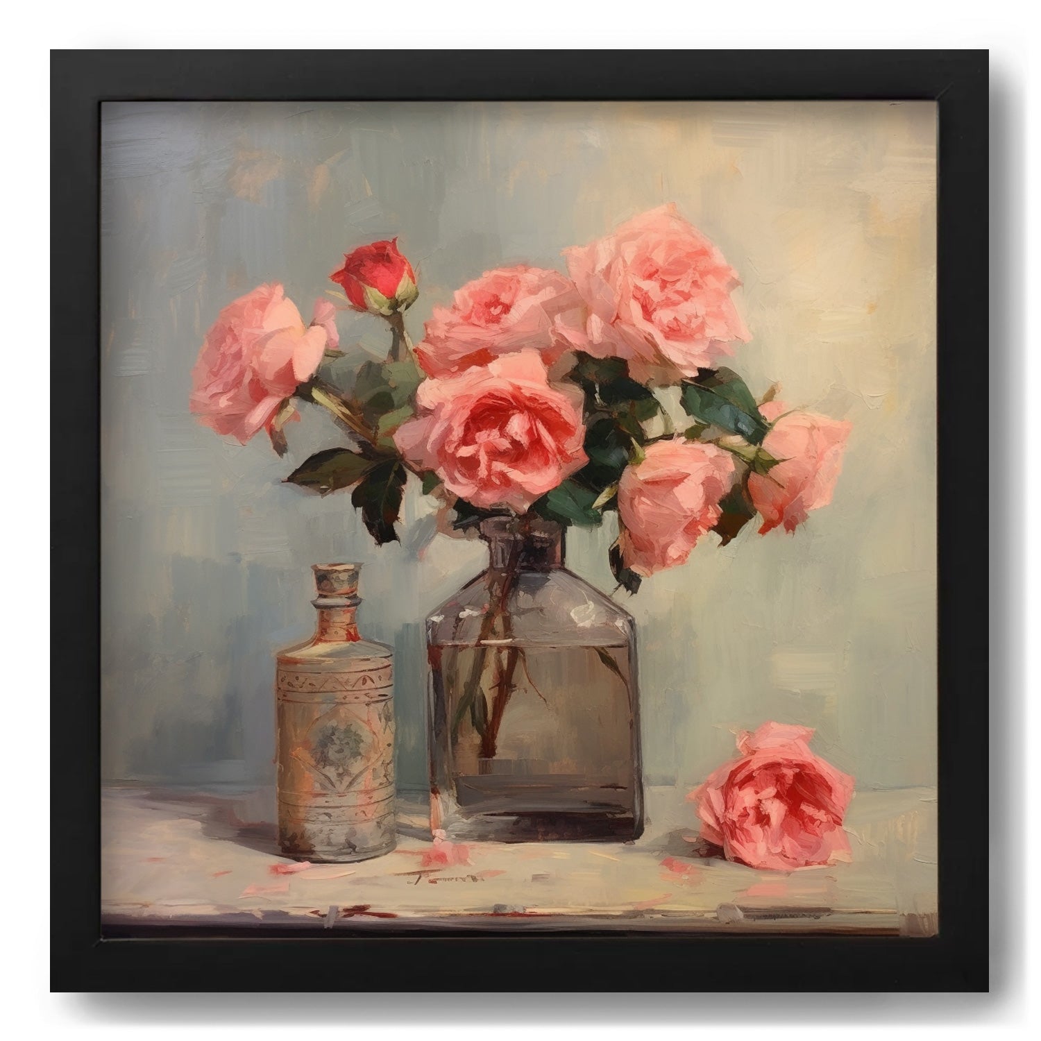 A Stannie & Lloyd vintage wall art poster featuring beautiful pink roses in a glass vase.