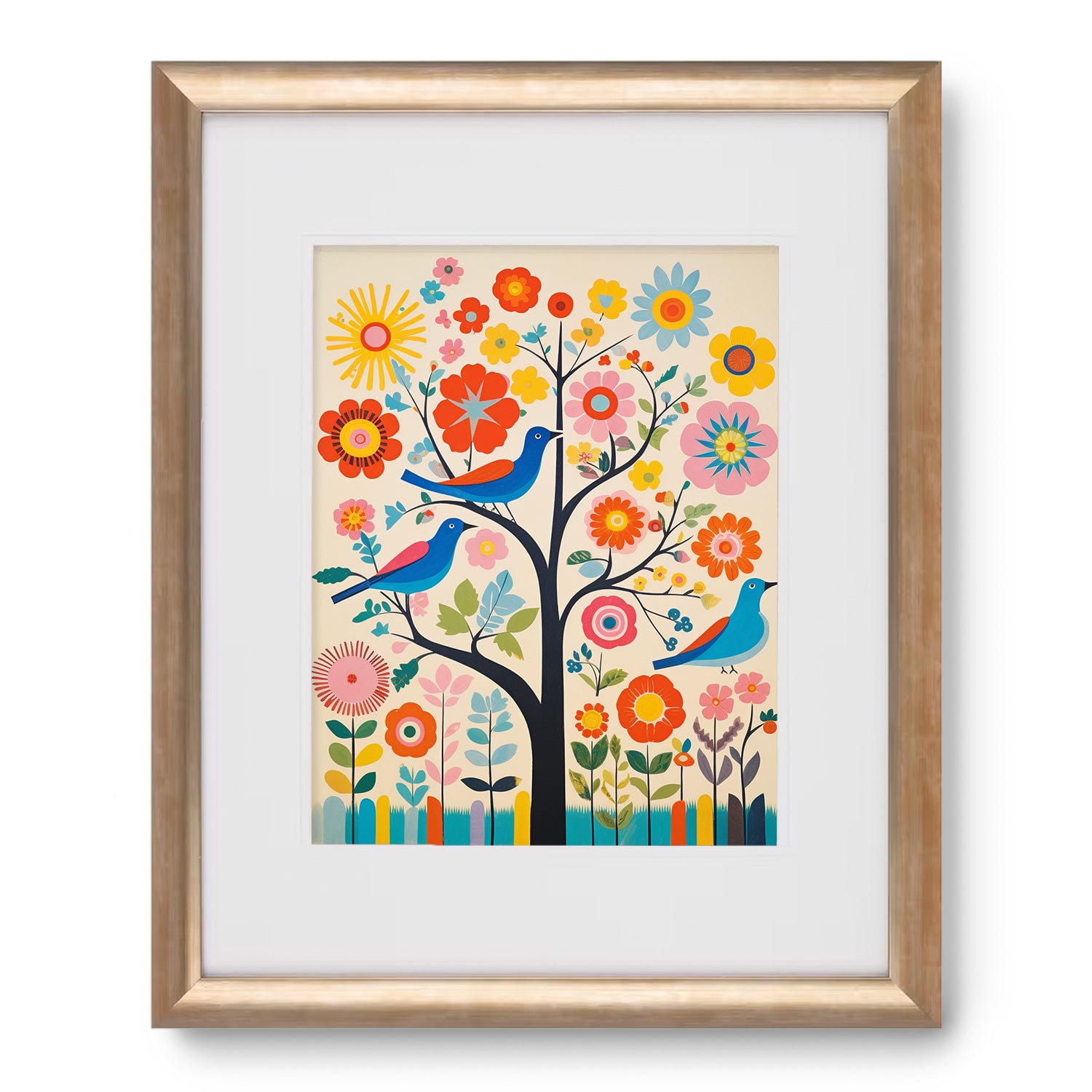 Decorative wall art featuring birds and flowers in a tree, called Folk Tunes by Stannie & Lloyd.