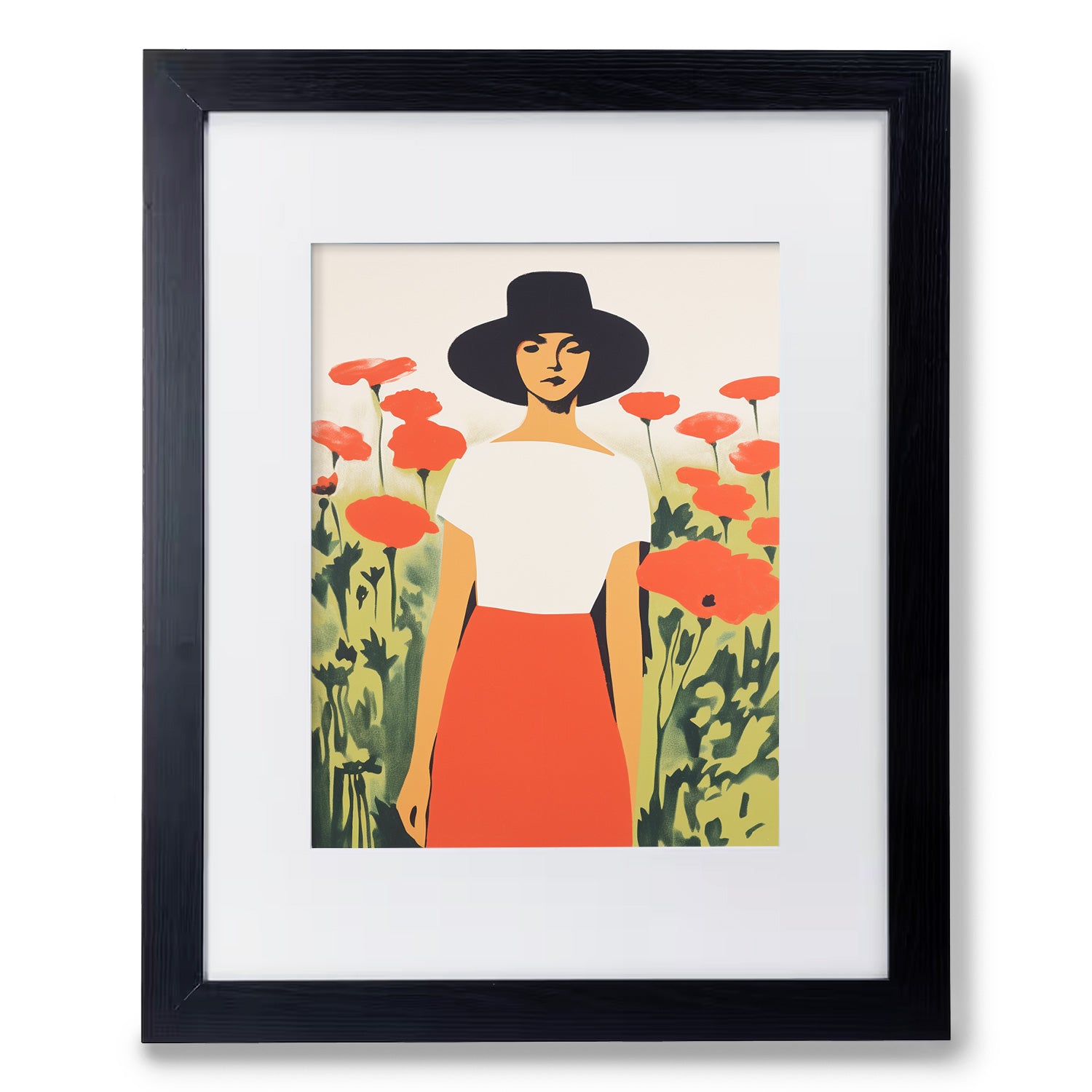 A framed vintage poster of The Long Gaze, a woman in a hat in a field of poppies, by Stannie & Lloyd.
