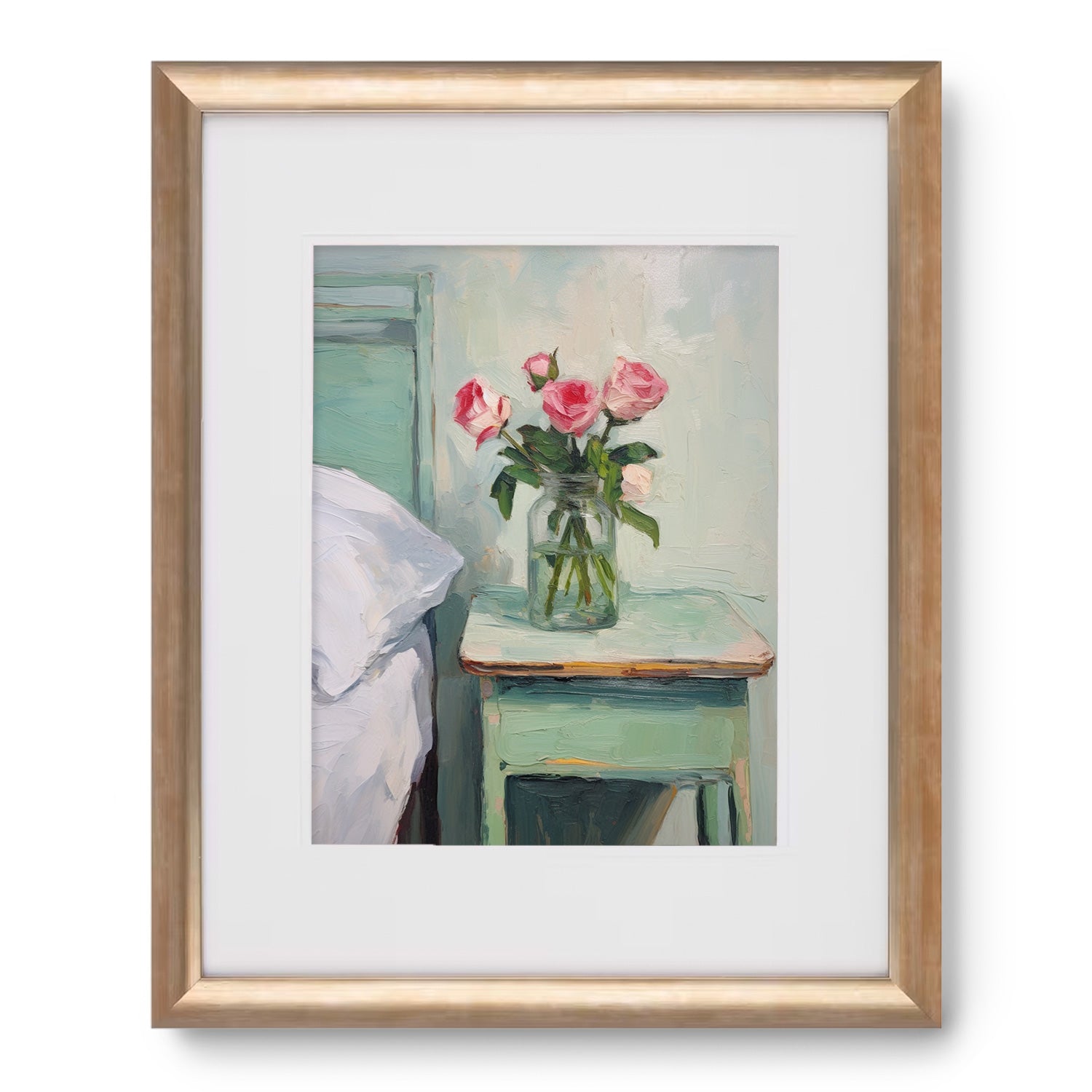 A modern wall art print of "When You Sleep I Write You Love Notes" by Stannie & Lloyd, featuring a bed with pink flowers in a vase.