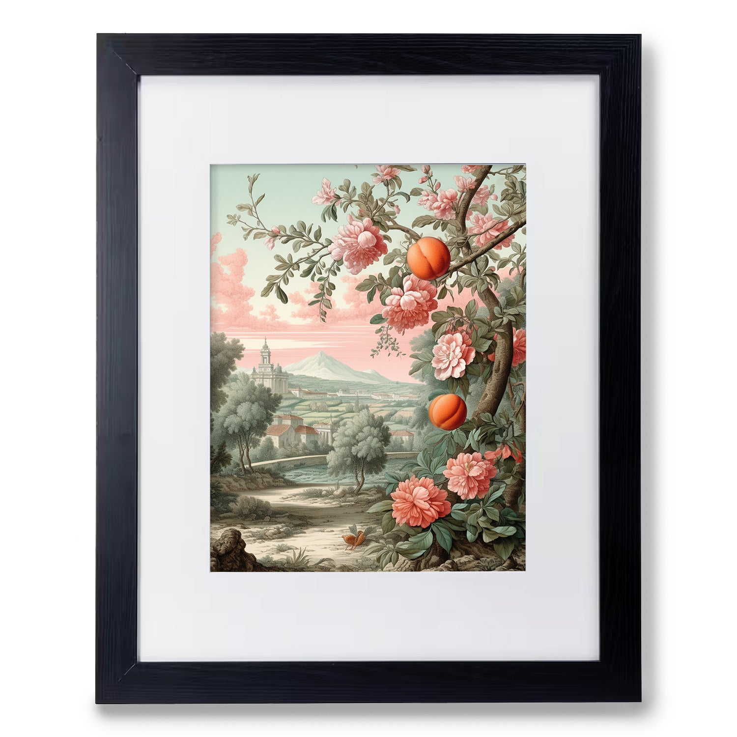 A black framed print of a landscape with pink flowers, perfect for wall art in the living room, from Fruits & Flora by Stannie & Lloyd.