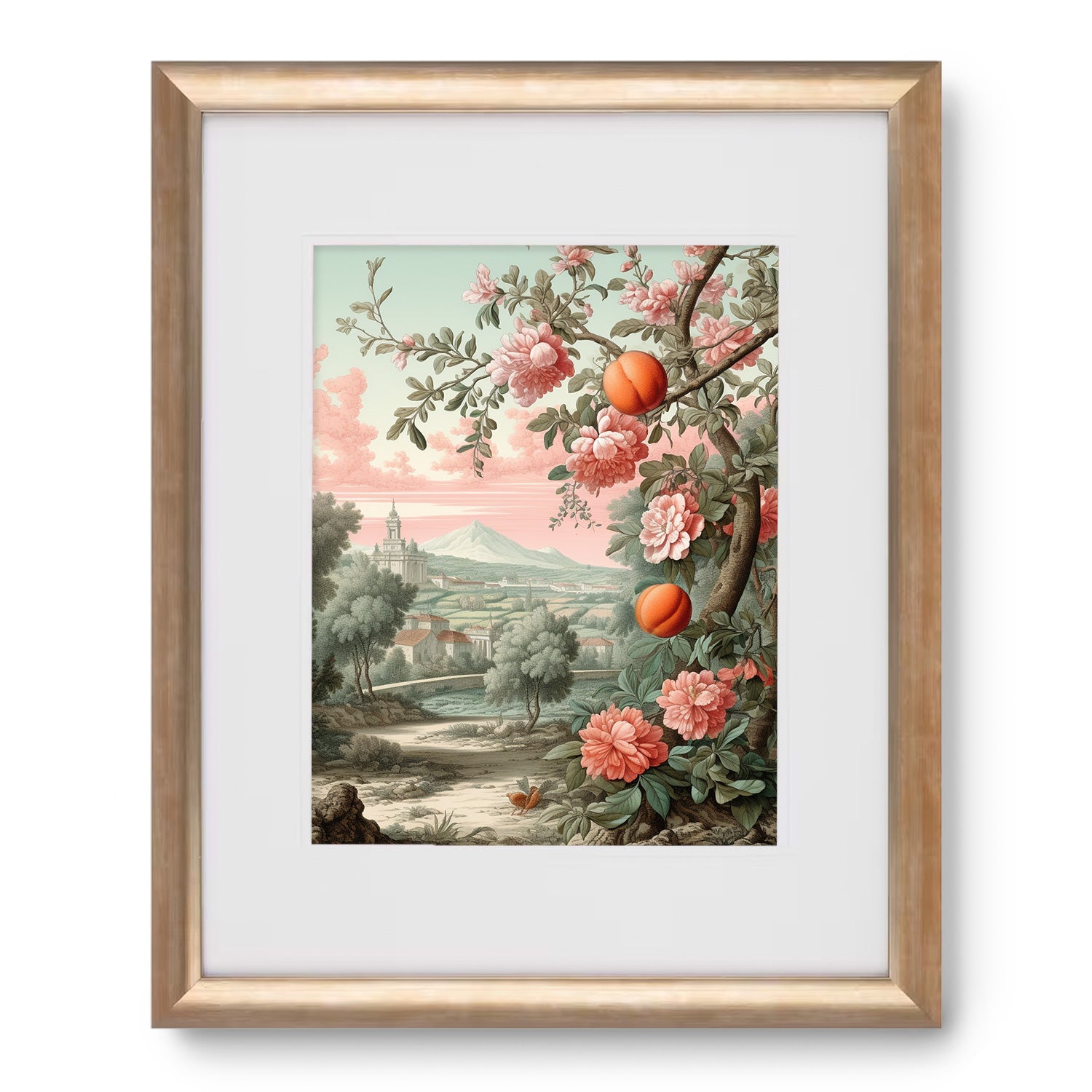 A framed print of the Fruits & Flora landscape with flowers and trees, perfect for wall decor, by Stannie & Lloyd.