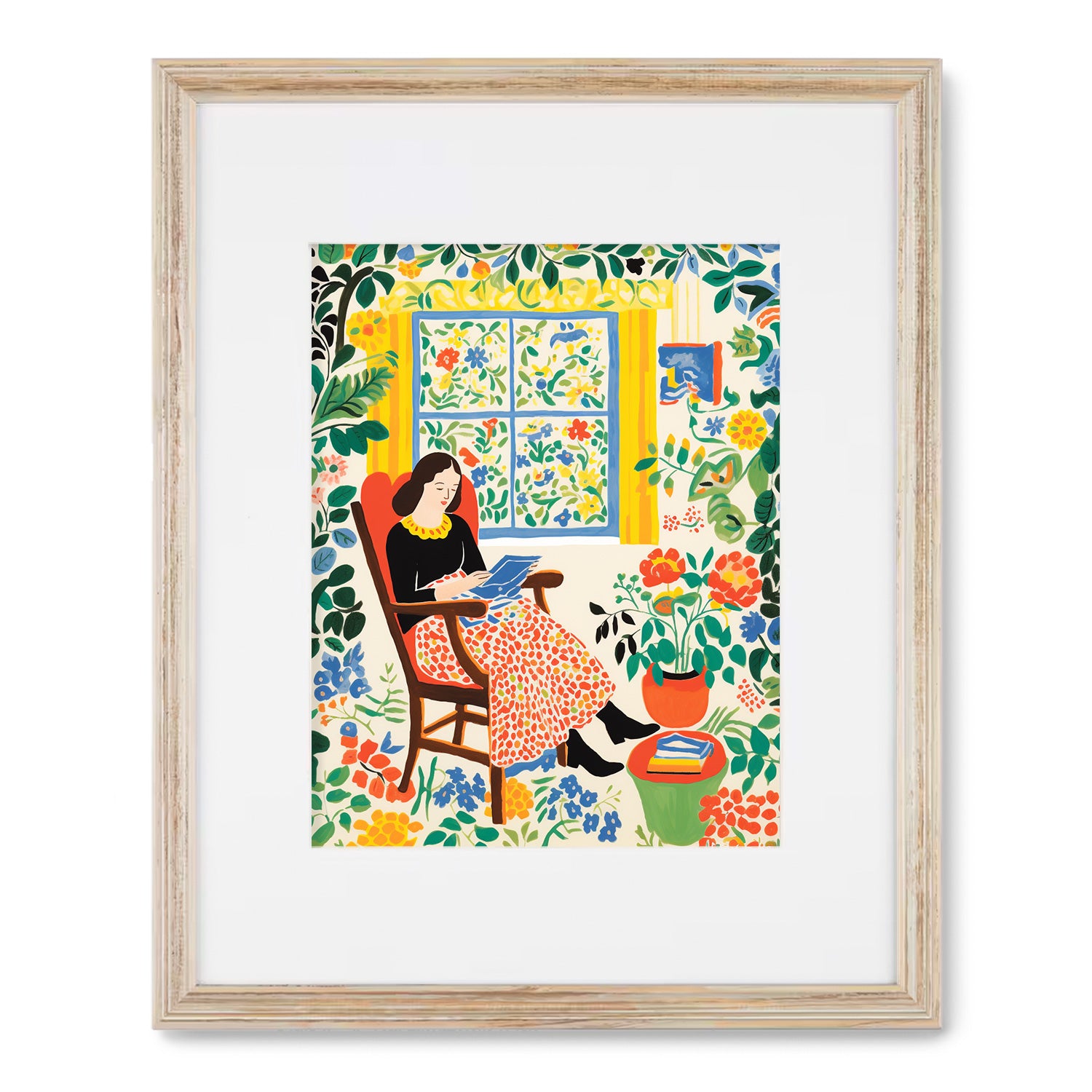 An illustration of a woman sitting in a chair reading Rest, surrounded by walls with art.