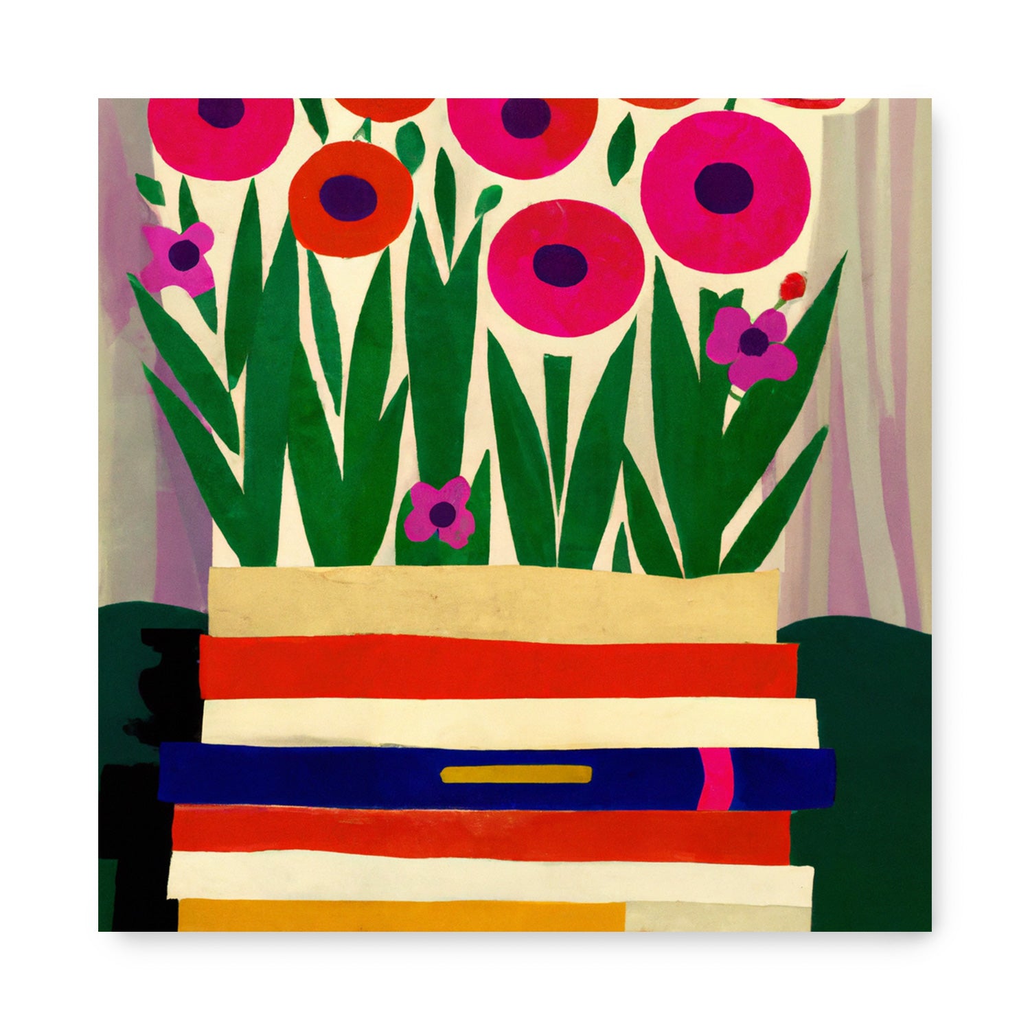 A maximalist decor with art on walls - featuring a vibrant painting of flowers in a vase on top of Corduroy & Fertilzer books from Stannie & Lloyd.