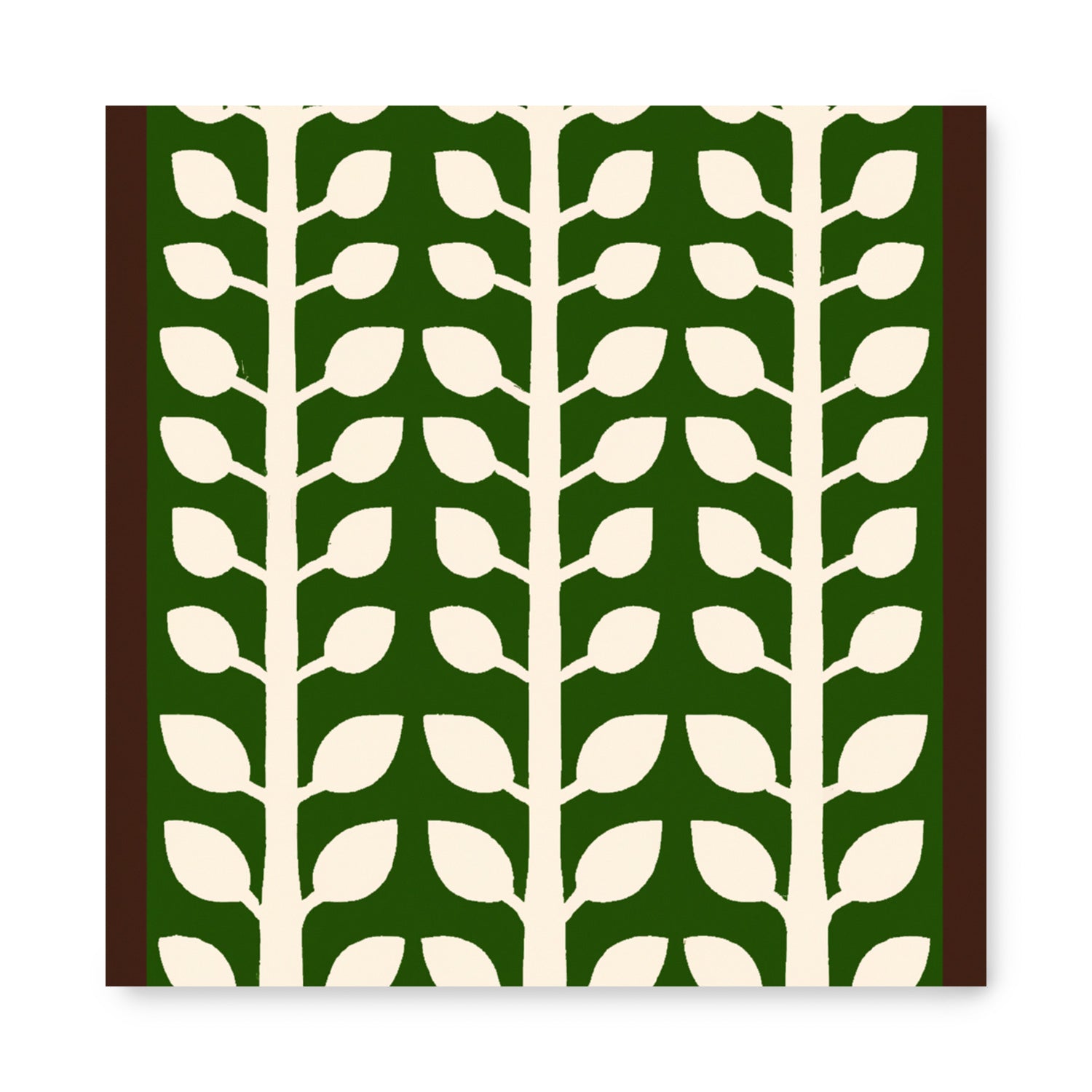 An On Repeat poster with a green and white leaf pattern on a brown background, by Stannie & Lloyd.