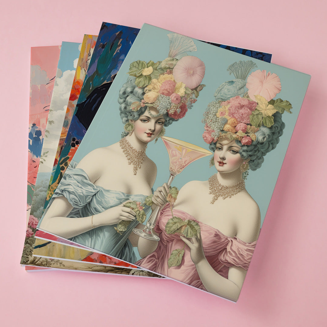 A set of four notebooks with a woman holding a cocktail.