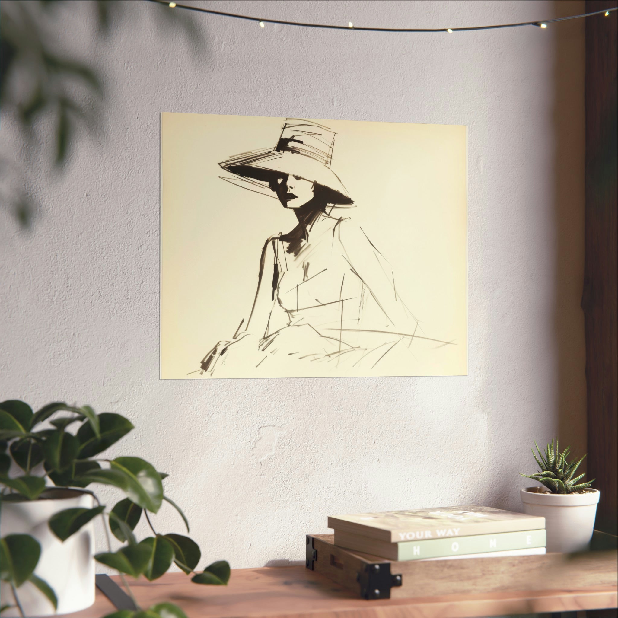 A minimalistic line drawing of a person wearing a wide-brimmed hat, displayed as a Printify Fashion Sketch poster above a stack of books and beside a potted plant on a wooden shelf. Available in 3 sizes.