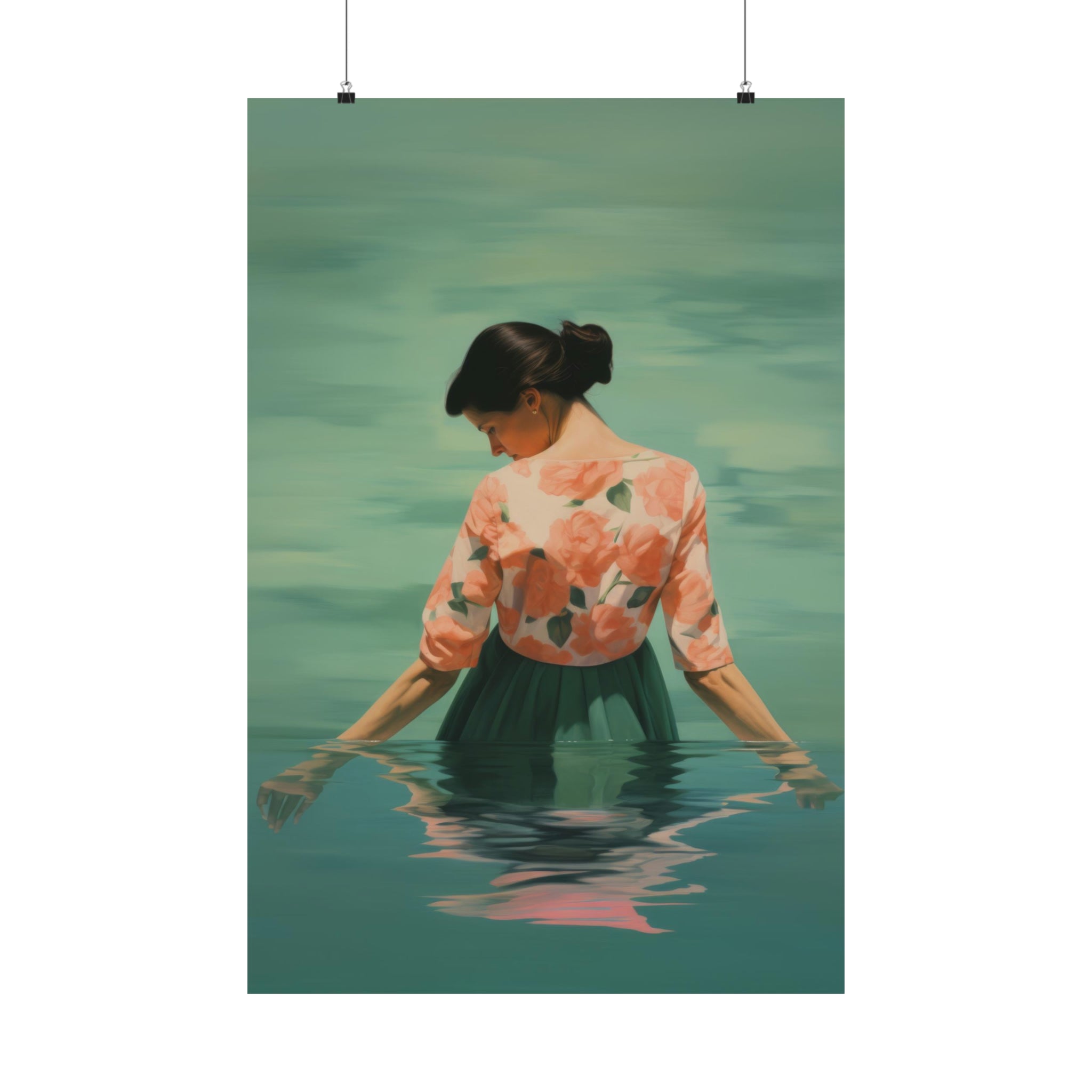 A woman in a floral blouse standing waist-deep in tranquil water, perfect as wall art for the living room. Float Large Matte Poster from Printify, available in 3 sizes.