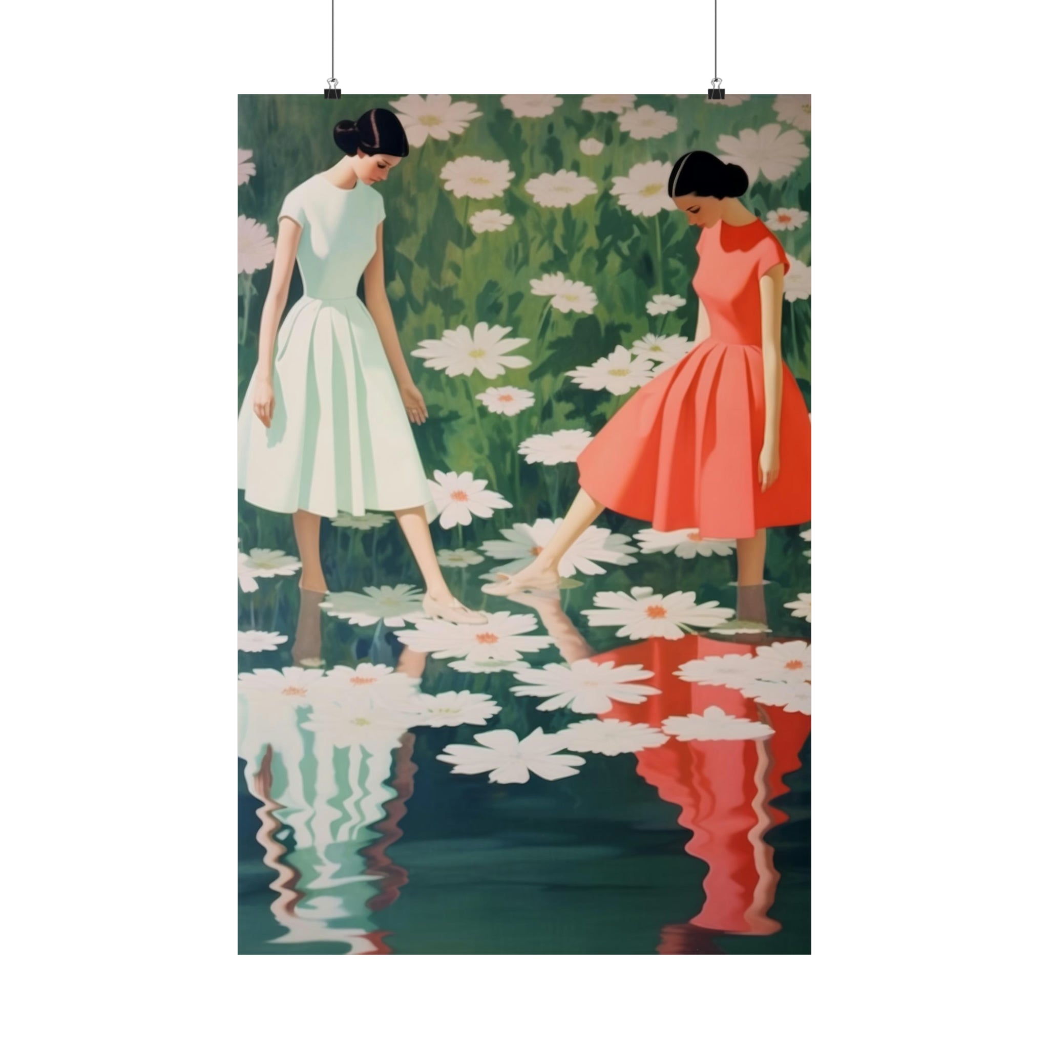 Two illustrated figures in dresses walking amidst Dance of the Waterlilies with their reflections visible in the water, making stunning wall art for living room. Available from Printify.