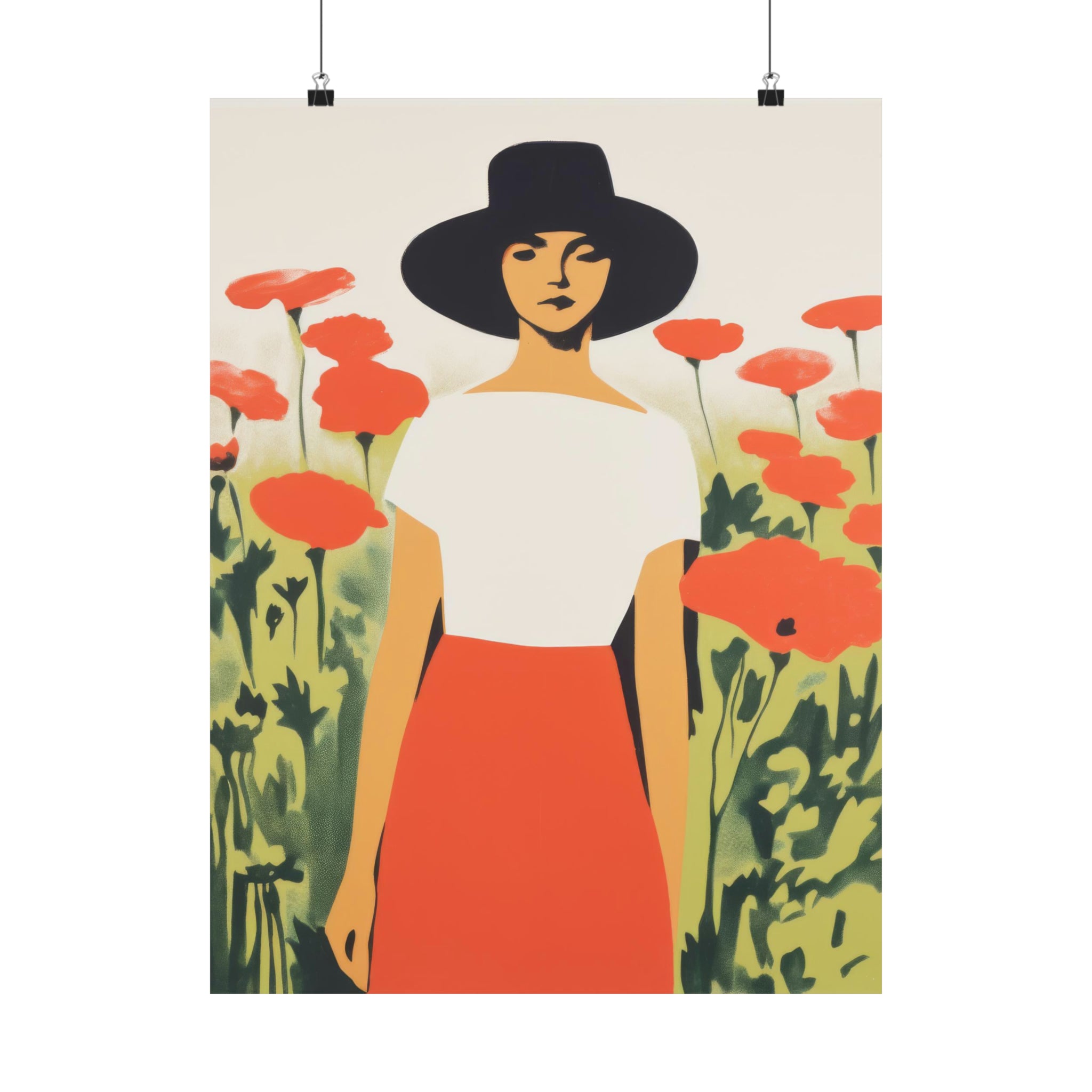 A stylish wall art for living room illustration of a woman in a hat standing in a field of red poppies called "The Long Gaze" by Printify.