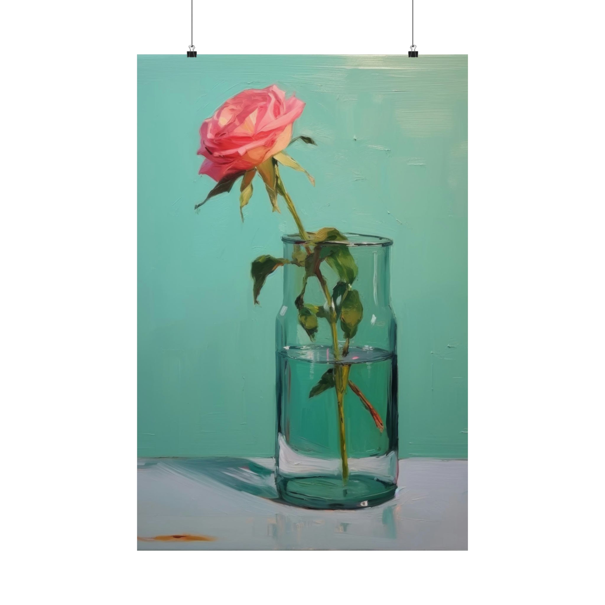 An art print of a Glass of Water in Greens by Printify, displayed on walls with realistic painting techniques against a turquoise background.