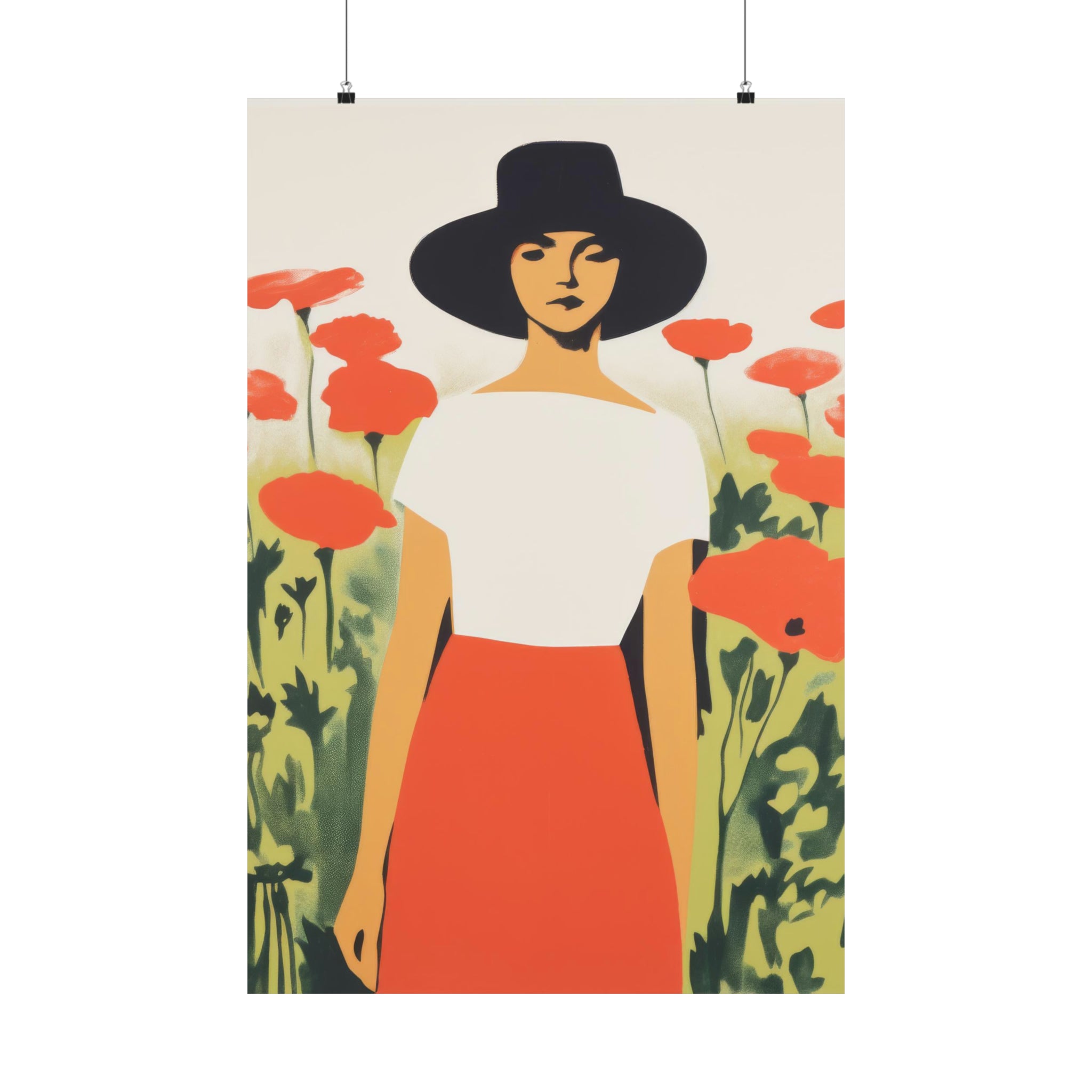 Wall decor featuring a woman with hat standing in a field of red poppies - The Long Gaze poster by Printify.