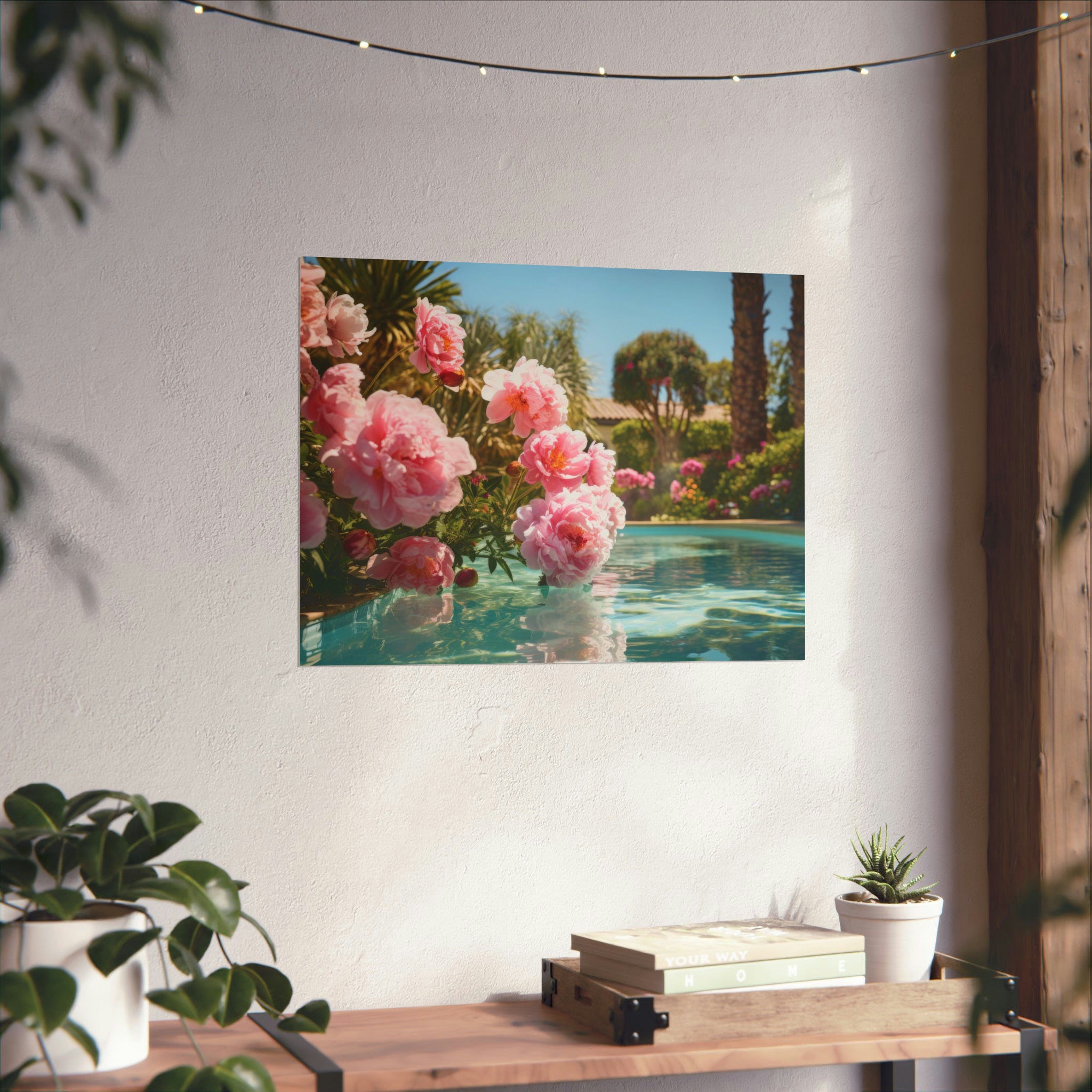 A framed photo of pink flowers by a poolside, displayed on a white wall above a wooden shelf with books and plants, with string lights above becomes Printify's Poolhouse Large Matte Poster in 3 Sizes for living room wall art.