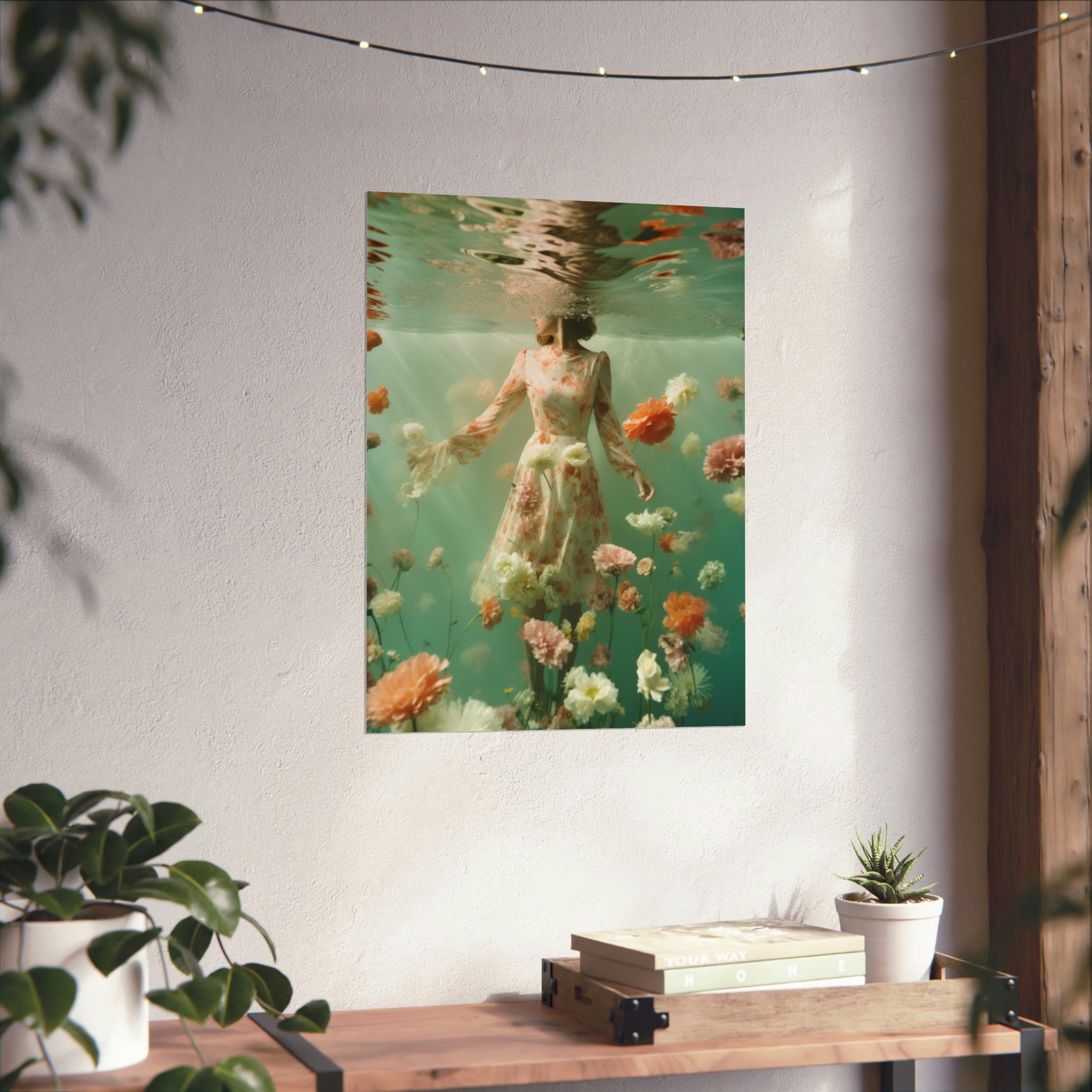 Vintage art prints on walls with indoor plant decoration and books on a wooden shelf, featuring She Drifted Large Matte Posters in 3 sizes by Printify.