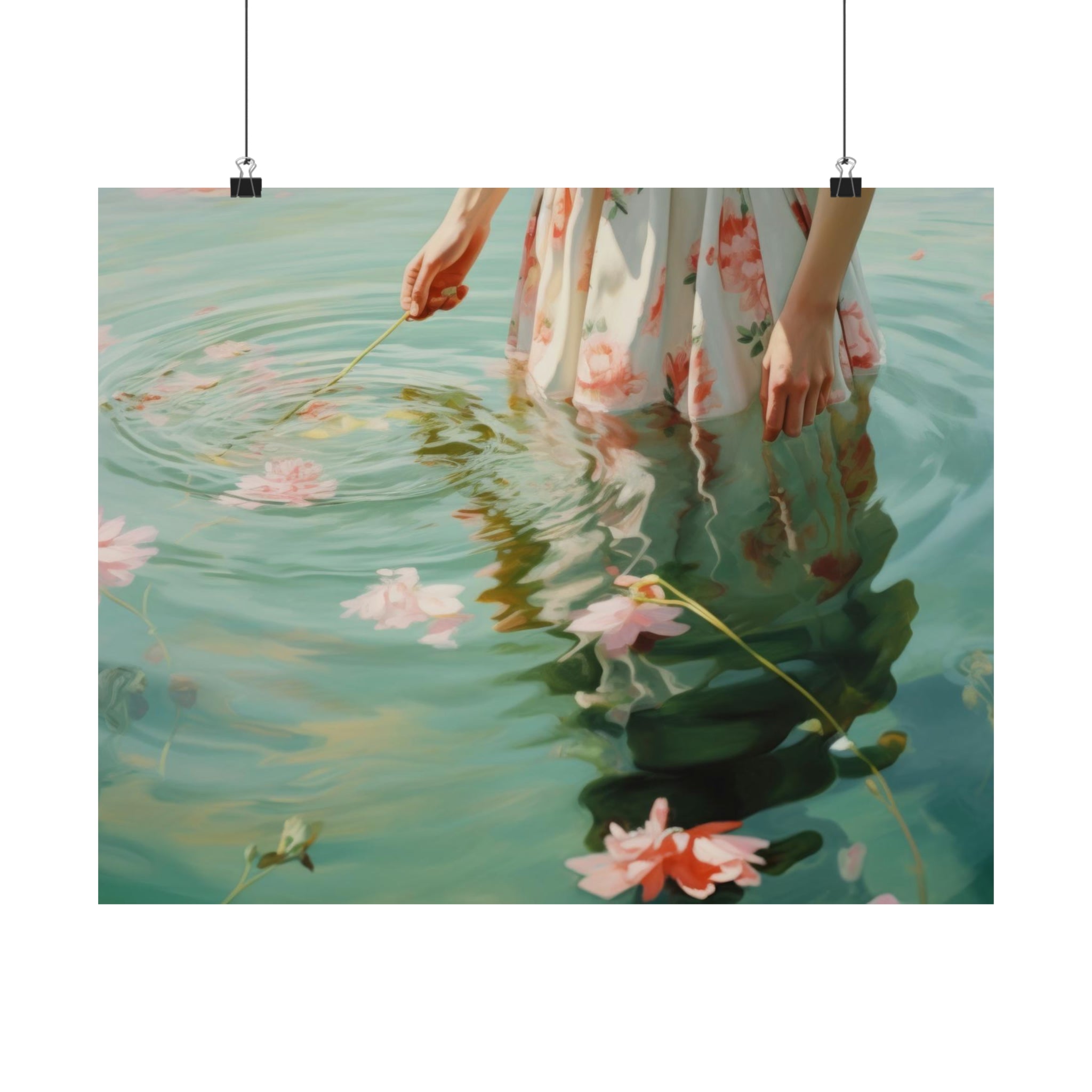 A person standing in water amidst flowers, touching the surface gently, becomes the focal point of Printify's Ripples Large Matte Poster in 3 Sizes for the living room vintage art wall decor.