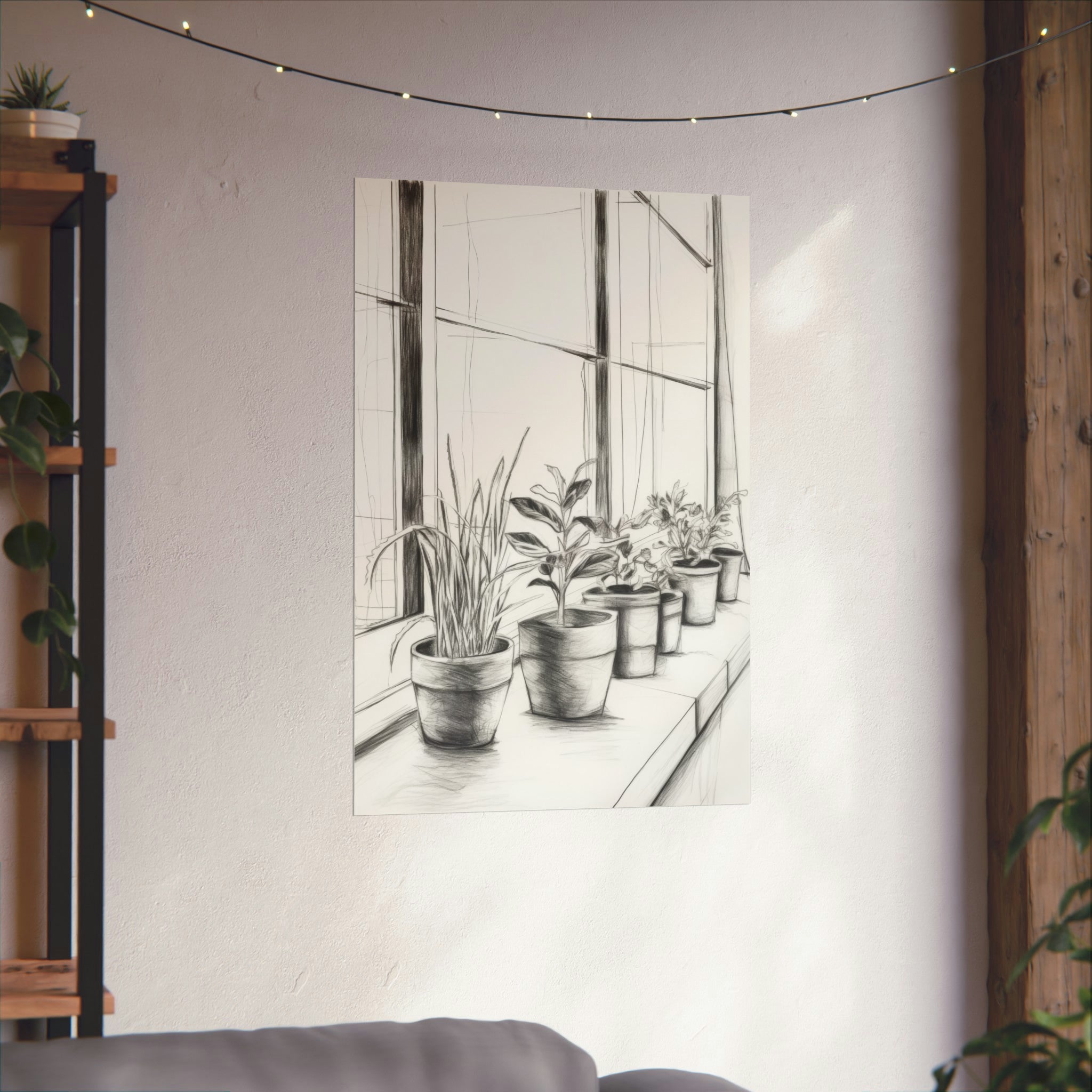 A monochrome sketch of potted plants on a windowsill, framed and hung as wall art for the living room, decorated with string lights from Printify's "The Sill | Large Matte Poster.