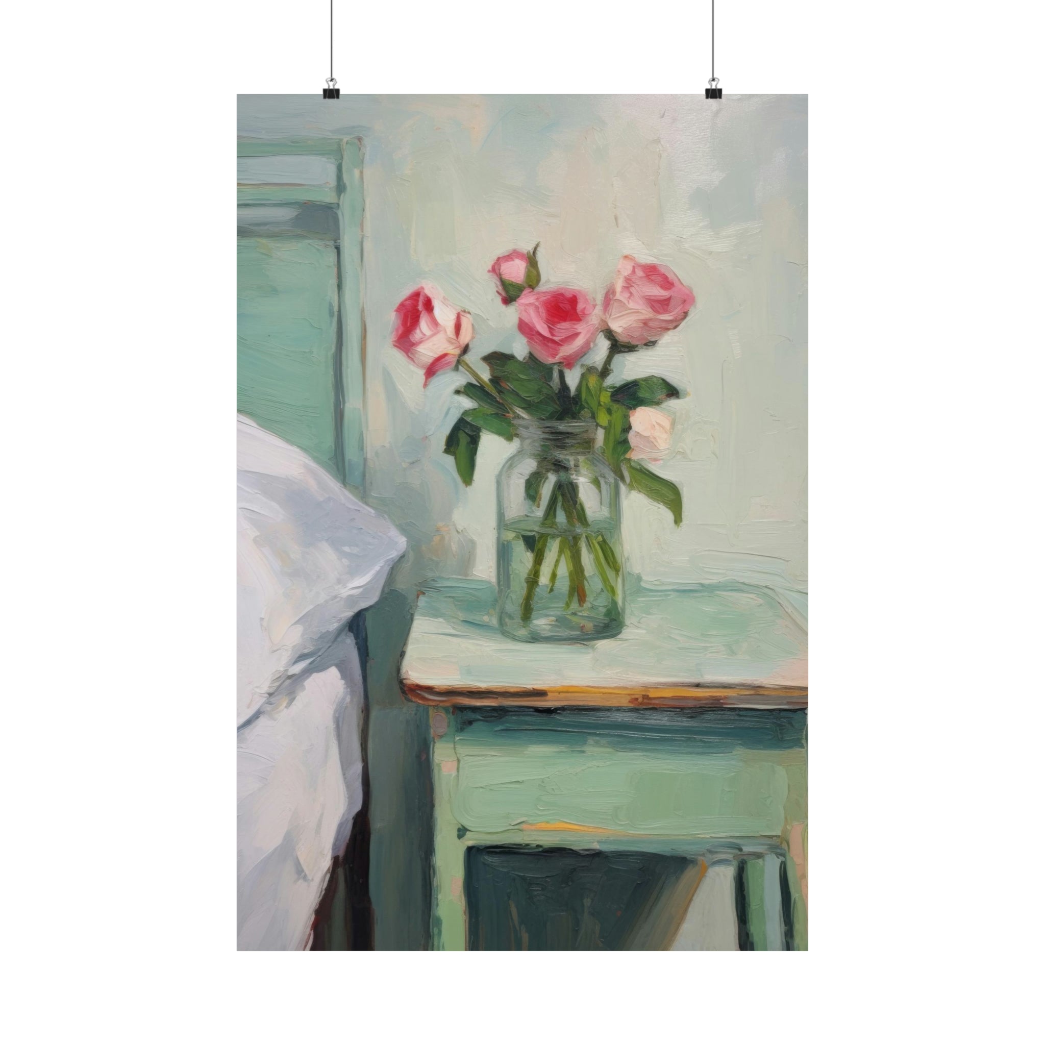 A When You Sleep poster by Printify featuring a vase with roses on a table beside a bed, with art on the walls.