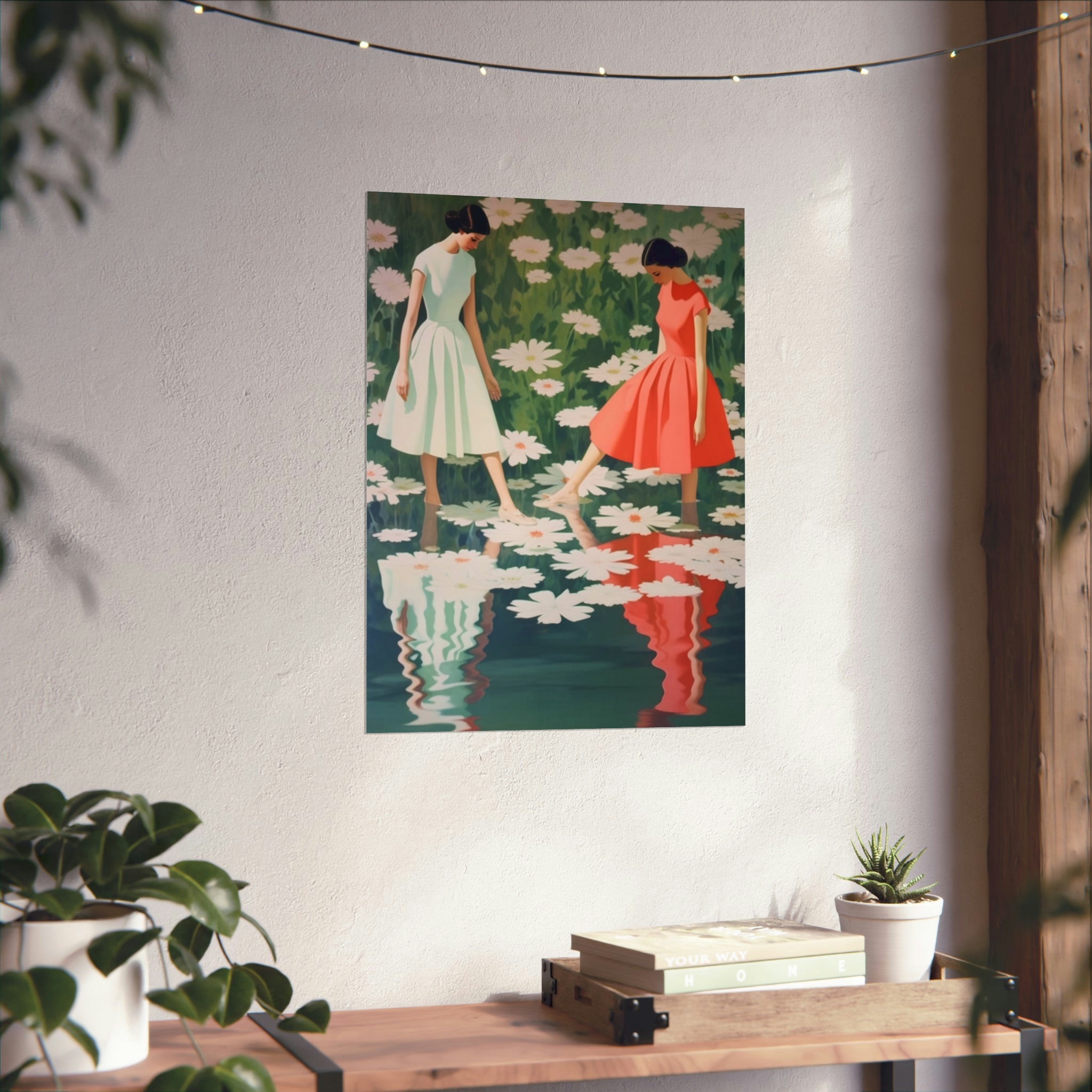 A serene interior featuring walls with art depicting Dance of the Waterlilies by Printify, surrounded by a cozy reading nook with plants and art prints.