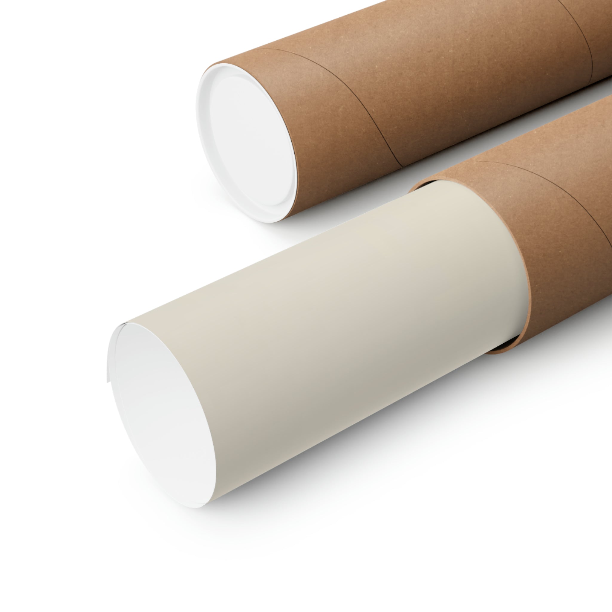 Two Shapes in Motion poster tubes by Printify, one partially open revealing white art on walls or poster inside, on a plain background.