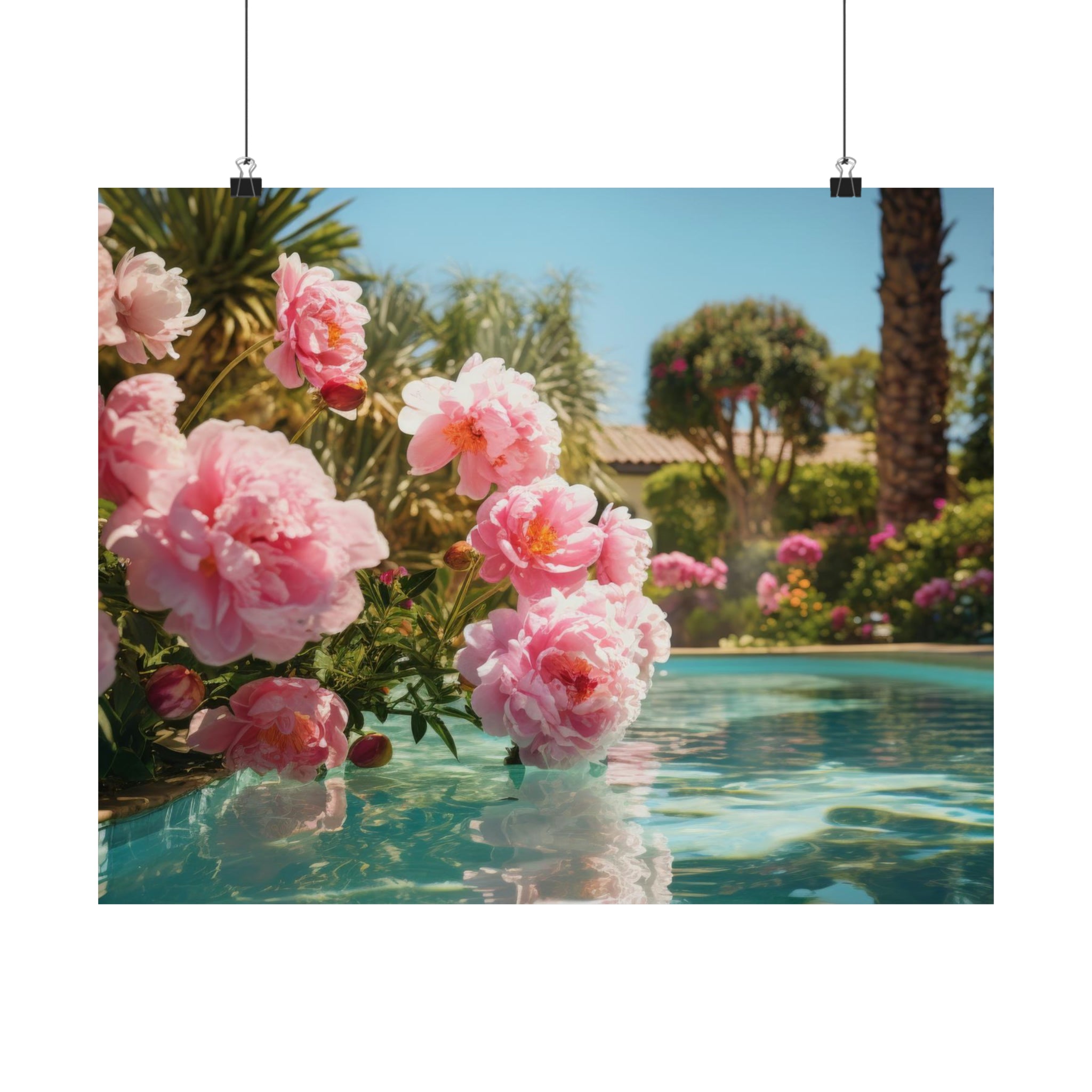 Pink peonies blooming beside a serene Poolhouse swimming pool on a sunny day, perfect as wall art for living room. Printify offers this Large Matte Poster in 3 Sizes.