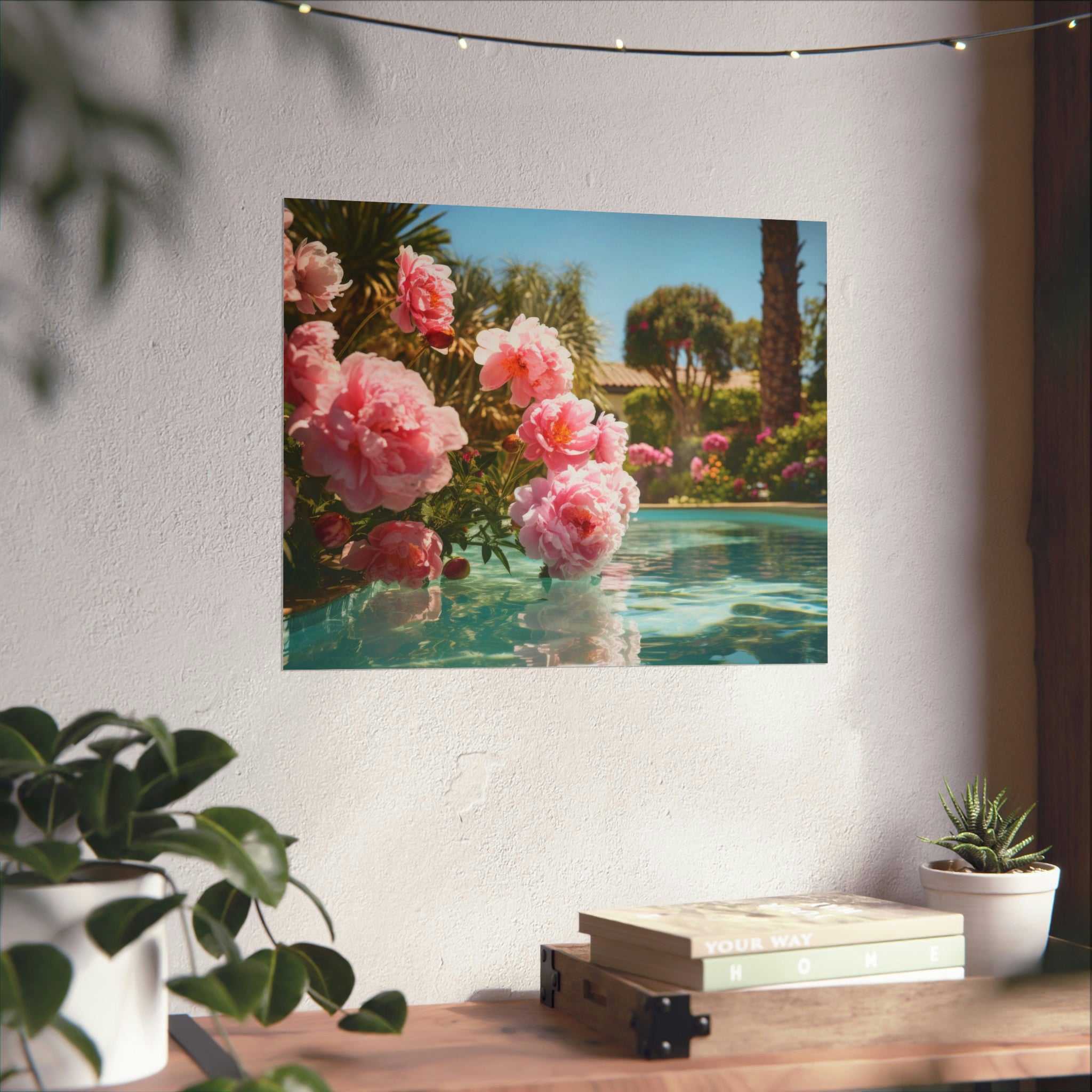 A framed photograph of blooming flowers by a poolside, serving as wall art for living room decor, hangs on a wall, complemented by indoor plants and books on a side table from Printify's Poolhouse Large Matte Poster available in 3 sizes.