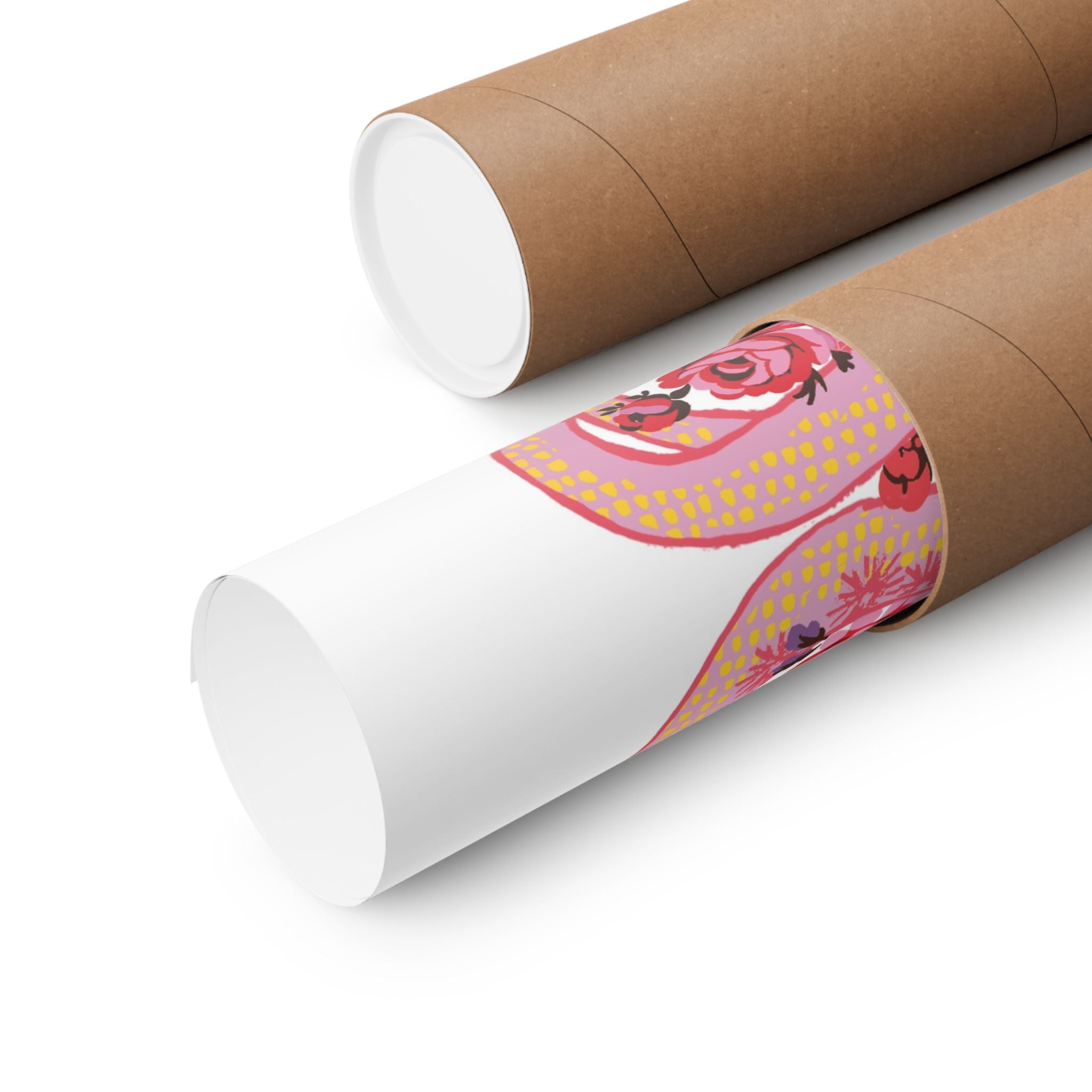 A brown cardboard tube with an open end reveals a rolled-up Printify "Snake with Roses" large matte poster, available in 7 sizes. The design features a pink, yellow, and red floral pattern.