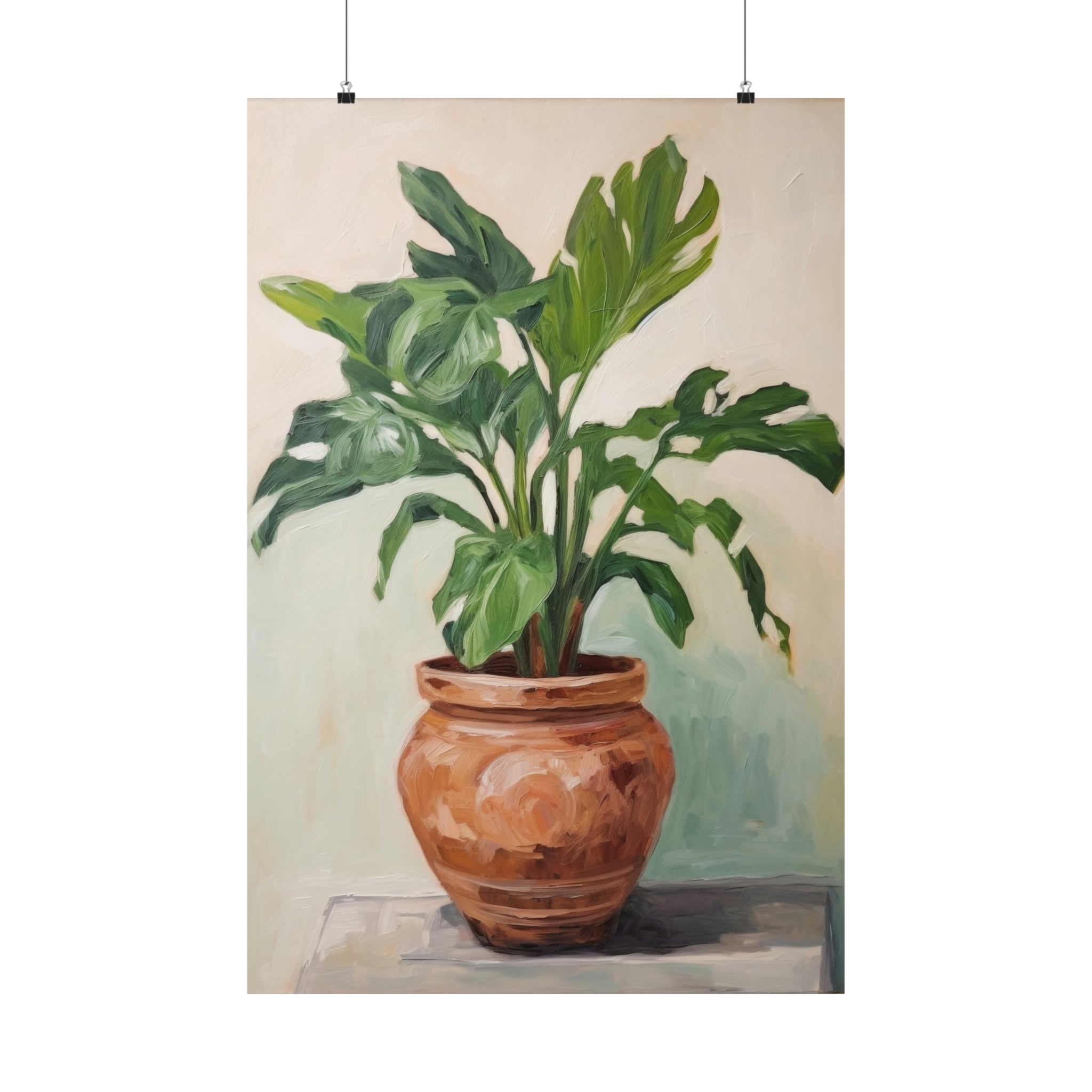 Oil painting of a potted plant with large green leaves, now available as Quiet and Still large matte posters for wall art in the living room by Printify.