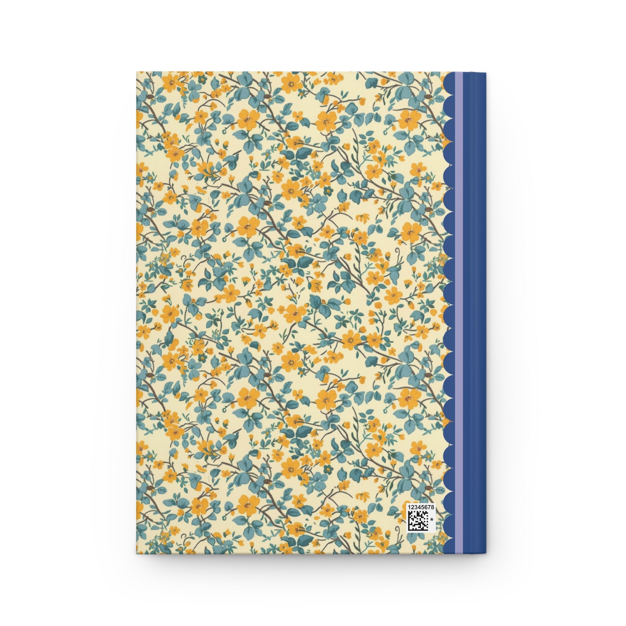 A Printify Hardcover Journal Matte with a blue spine, showcasing a yellow and blue floral pattern on a cream background. The lined pages inside make it perfect for note-taking, and the QR code at the bottom right corner of the cover adds a modern touch.