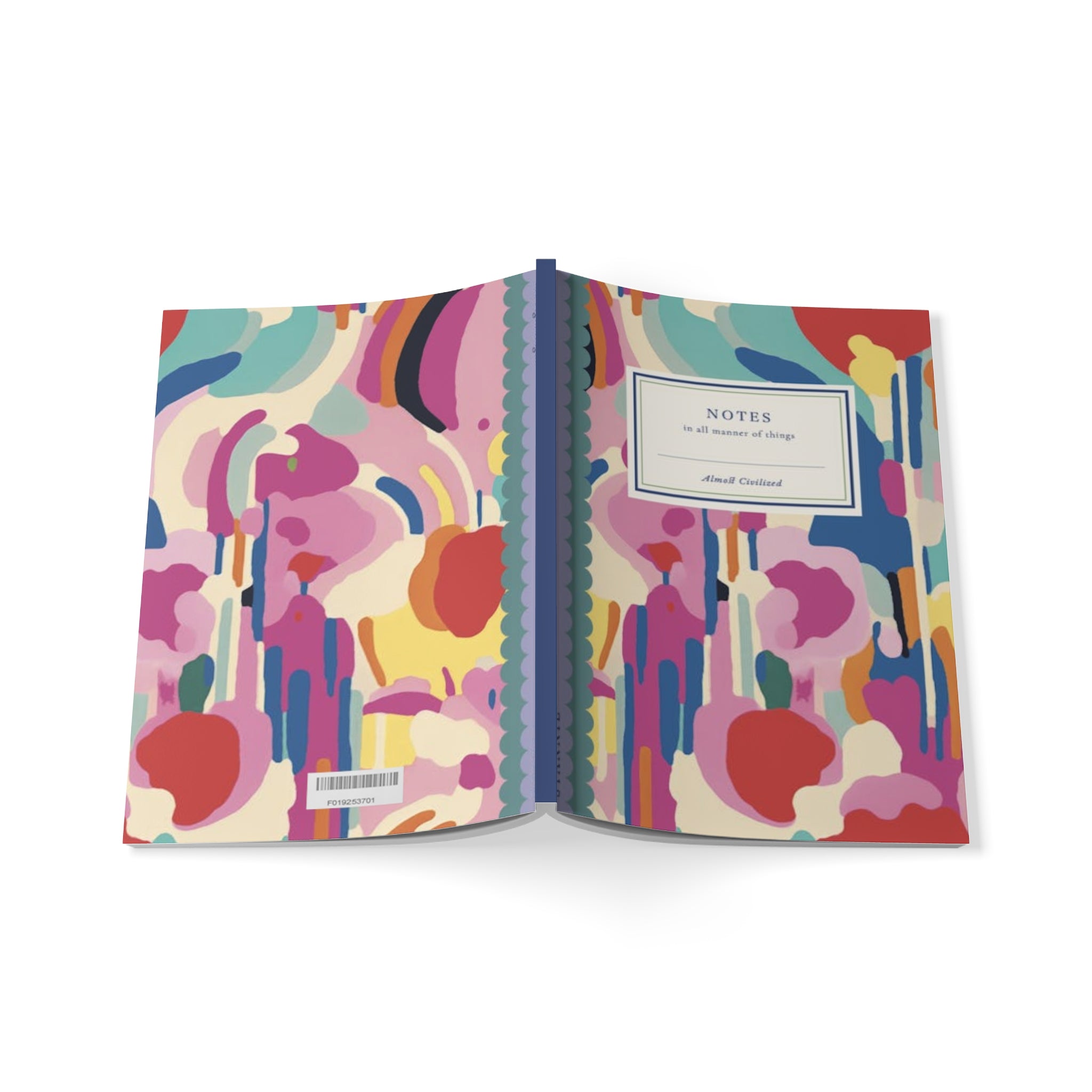 Printify abstract Softcover Notebook, A5 with a glue-bound laminated cover, featuring colorful abstract artwork on the front and inside. The 90gsm lined paper provides a high-quality writing experience. The cover text reads "NOTES on all manner of things.