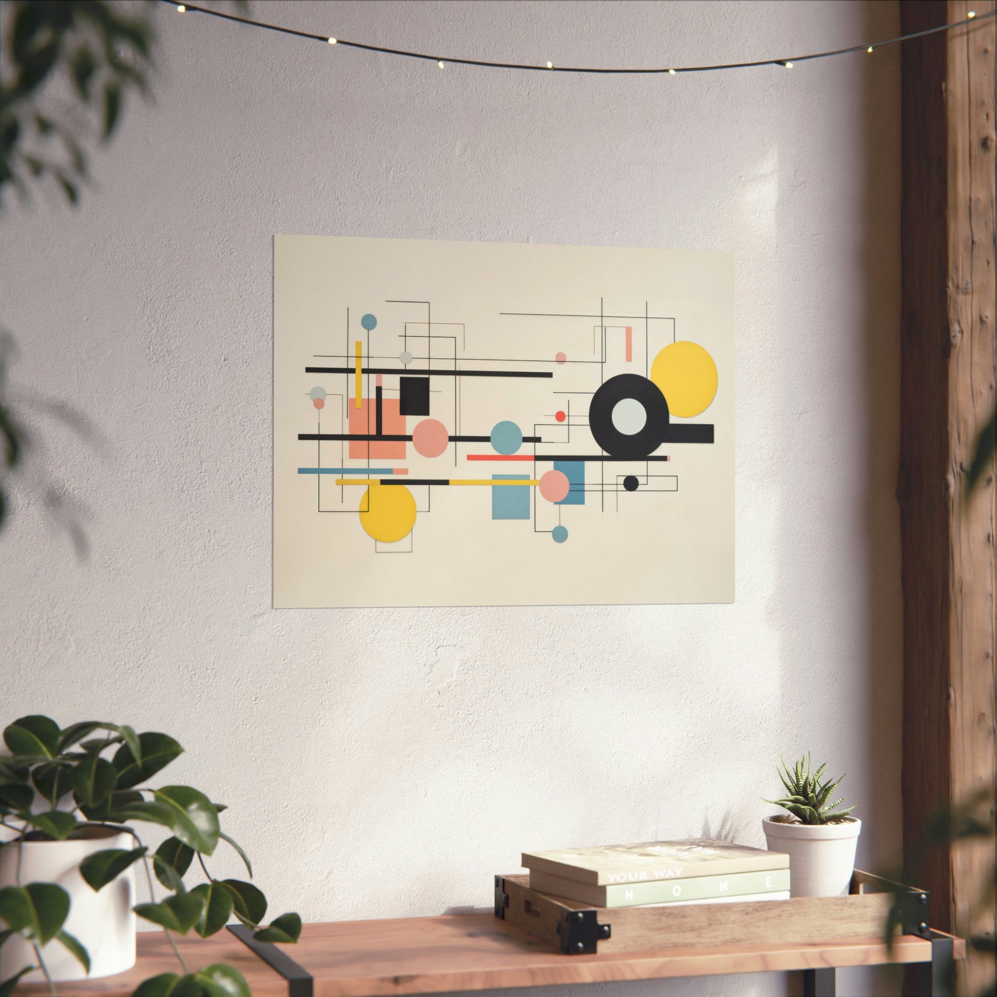 Abstract art prints from Printify's Shapes in Motion collection hanging on a wall in a cozy interior with plants and art on walls, books on a wooden table.