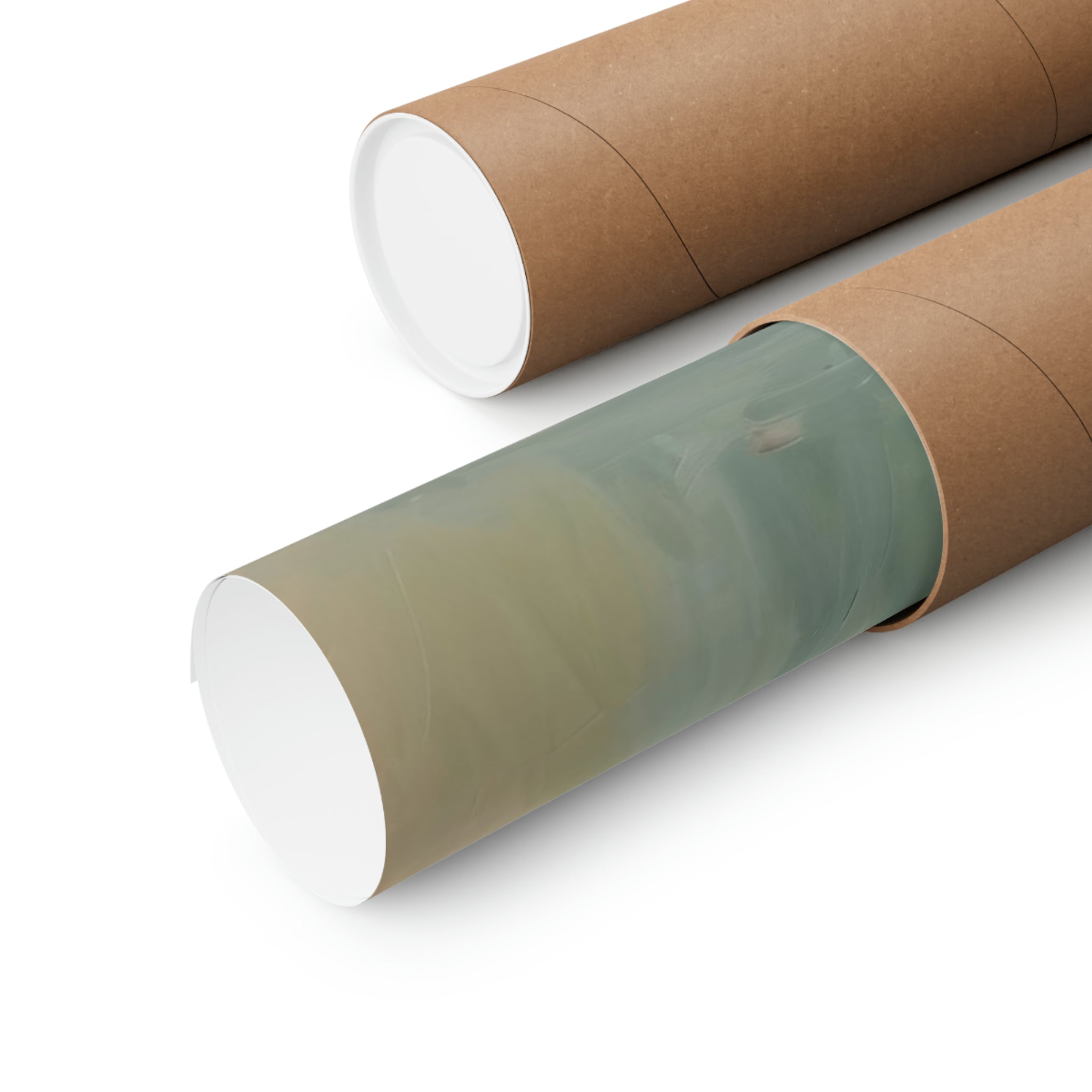 Two Quiet and Still cardboard tubes, one with a transparent cover revealing a greenish art print inside, perfect as wall art for living room. Designed by Printify.