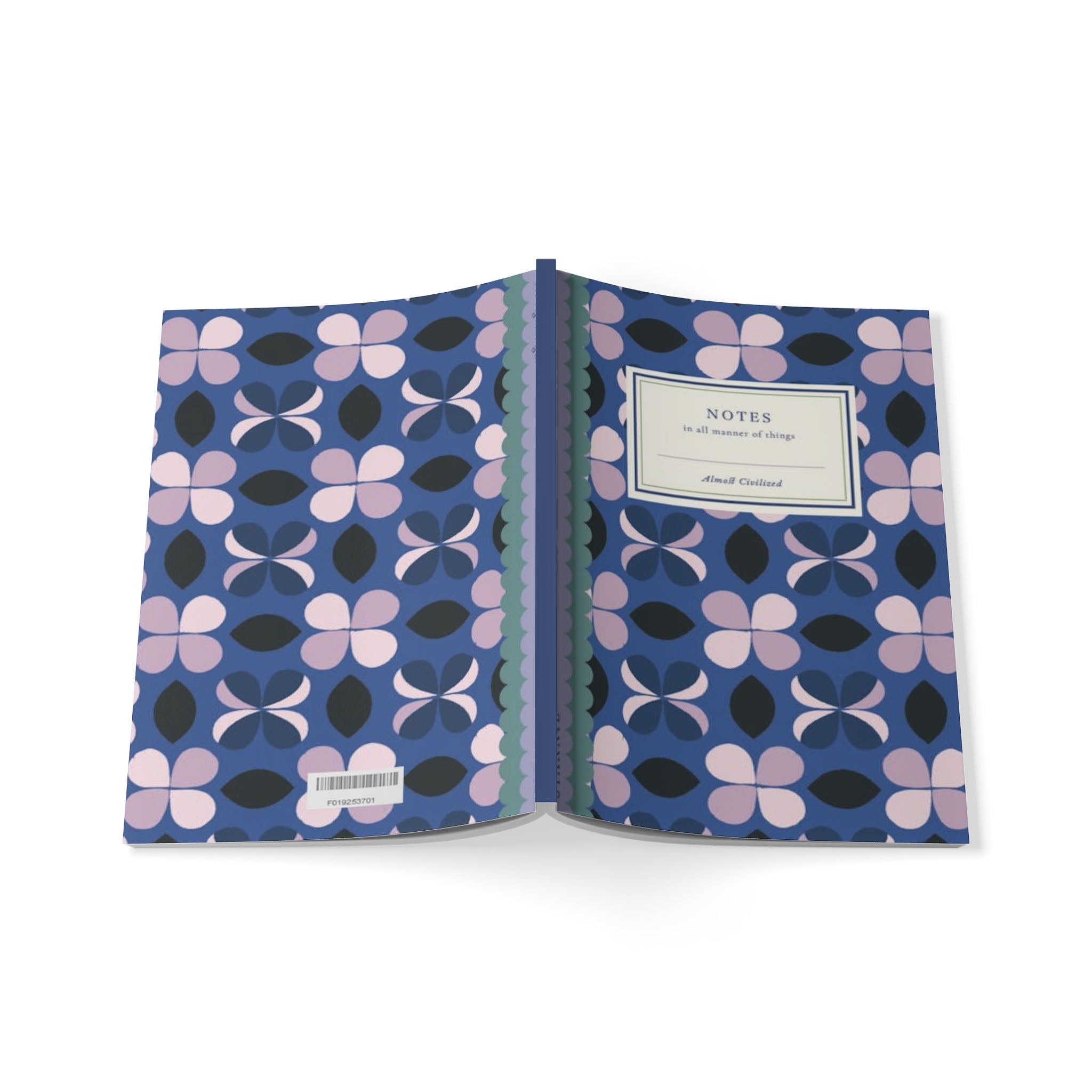 Open Printify blue geo Softcover Notebook, A5 with a blue and purple floral pattern cover, labeled "NOTES." It features 150 pages and a customizable notebook option. A barcode is visible on the back cover.