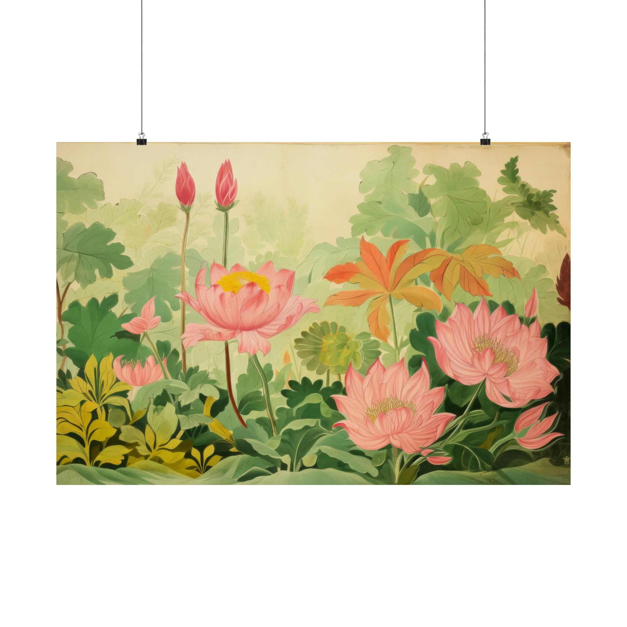 A hanging wall scroll featuring a traditional asian-style painting of pink lotus flowers with green foliage, now available as Botanic Floor vintage art prints from Printify.