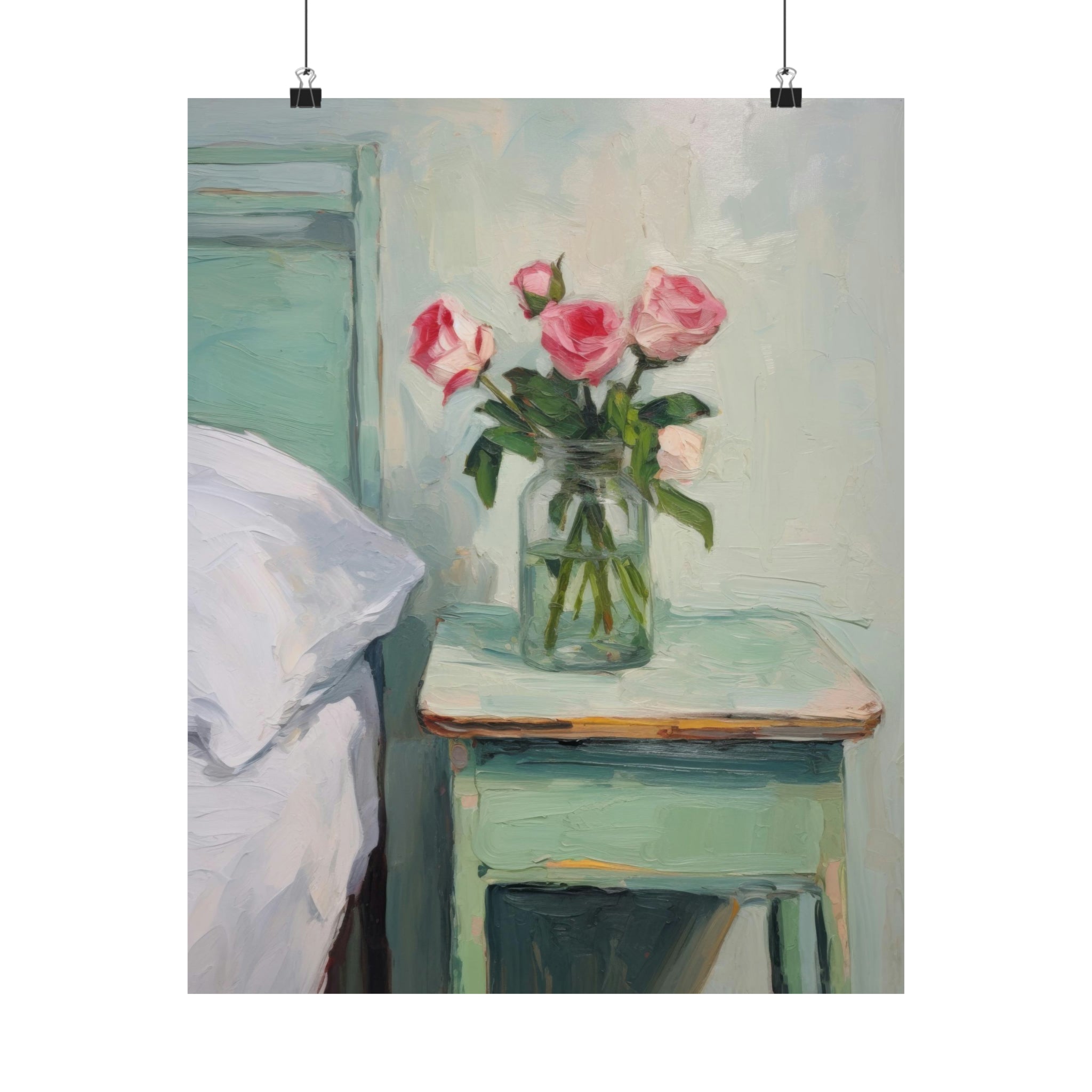 A vintage art painting of a vase with pink roses on a green nightstand next to a white bed, perfect as wall art for living room featuring the When You Sleep large matte poster from Printify in 3 sizes.