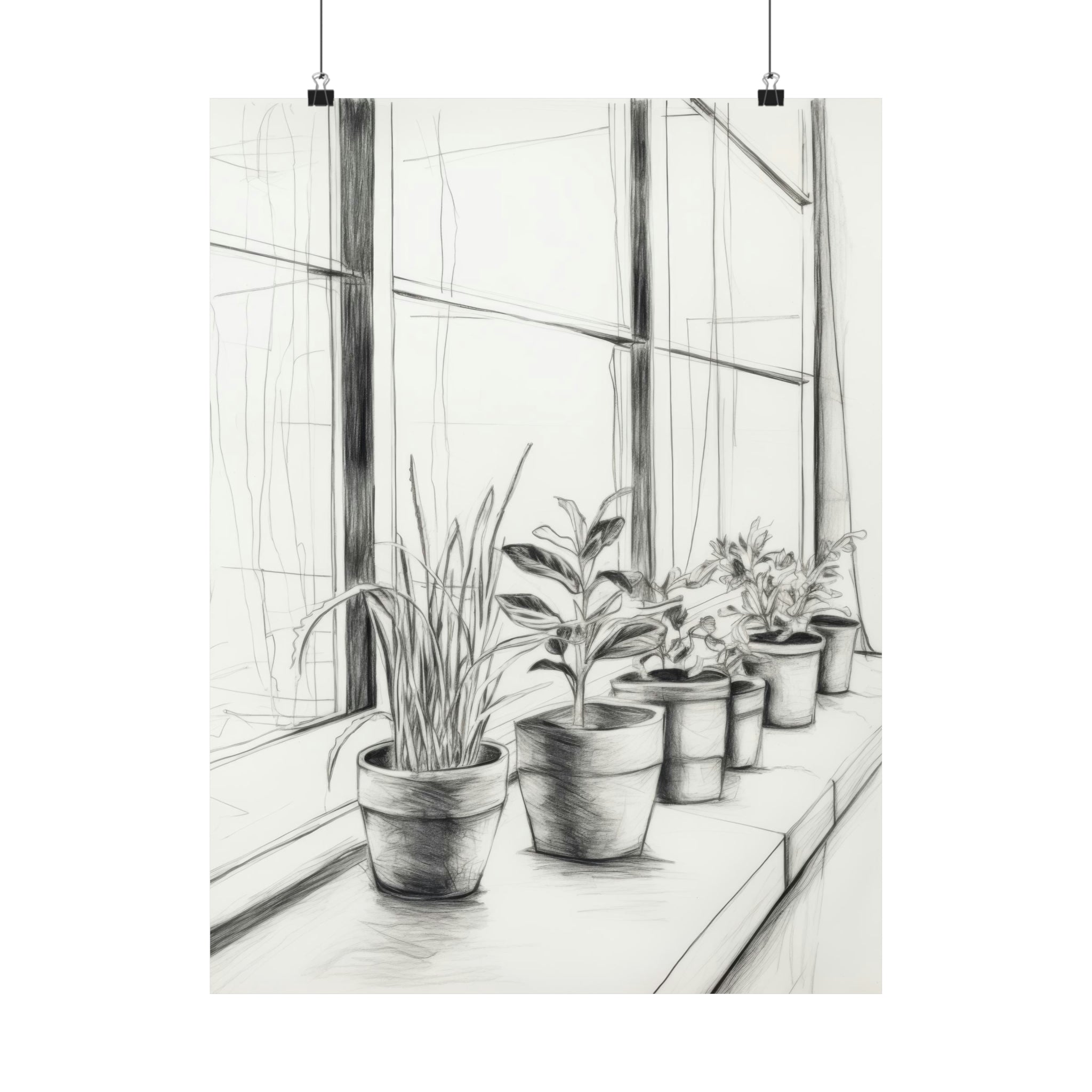 Wall decor pencil sketch of various potted plants on a windowsill, perfect as The Sill | Large Matte Poster | 3 Sizes for living room by Printify.