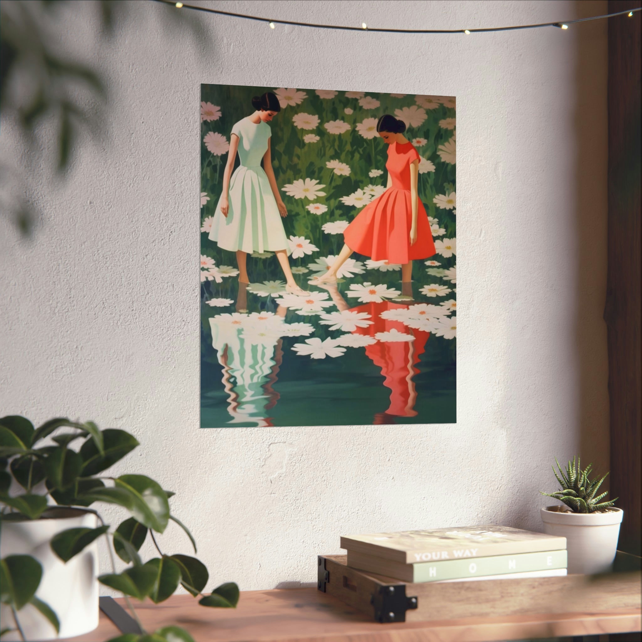 A tranquil interior space featuring walls with art, including a vintage art painting of two women by a pond, complemented by indoor plants and books on a wooden table featuring Dance of the Waterlilies Large Matte Poster in 3 sizes by Printify.