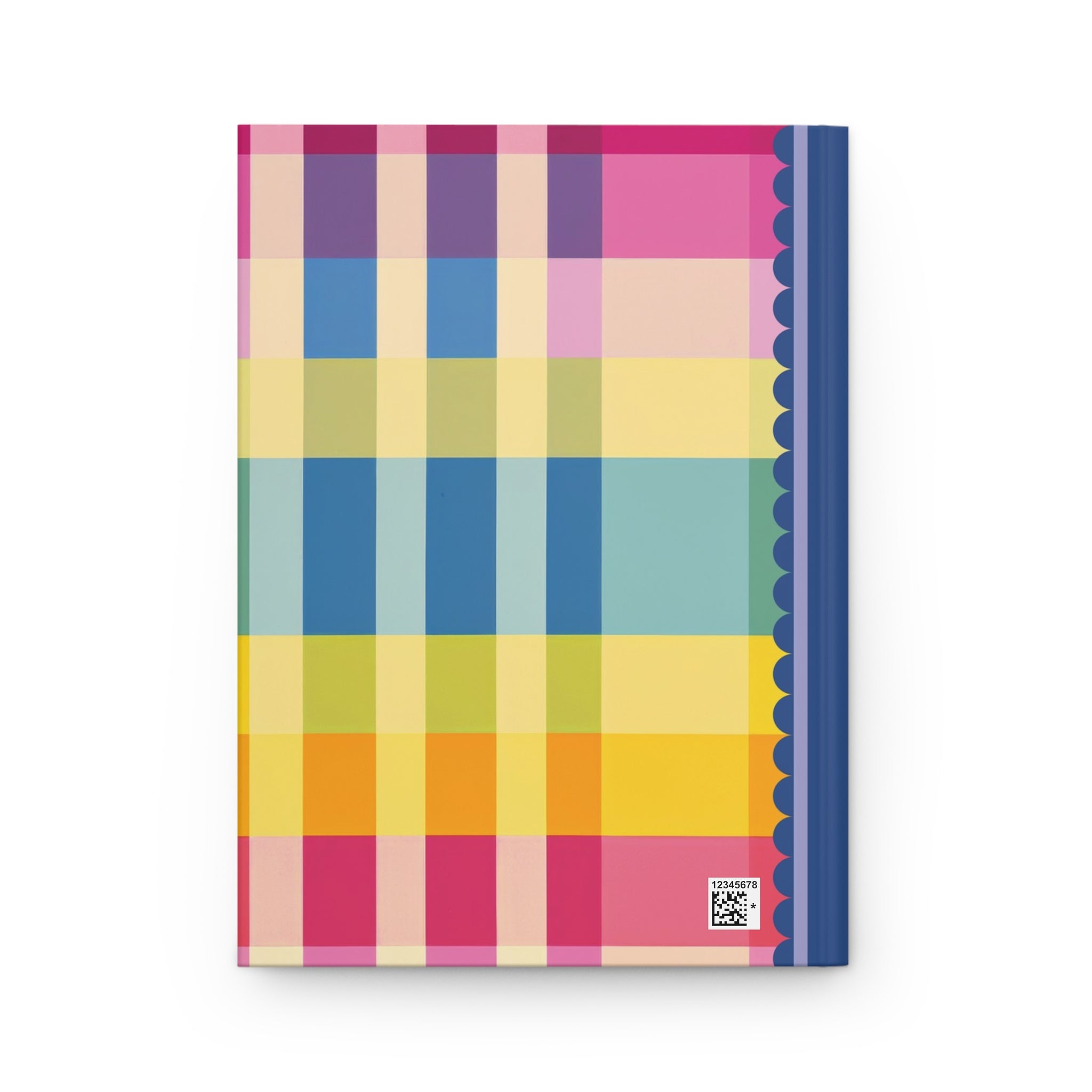 A Printify Hardcover Journal Matte with a colorful plaid pattern on the cover, featuring shades of pink, yellow, blue, and green, and a blue scalloped edge on the spine. This customizable journal offers lined pages for your notes and creativity.