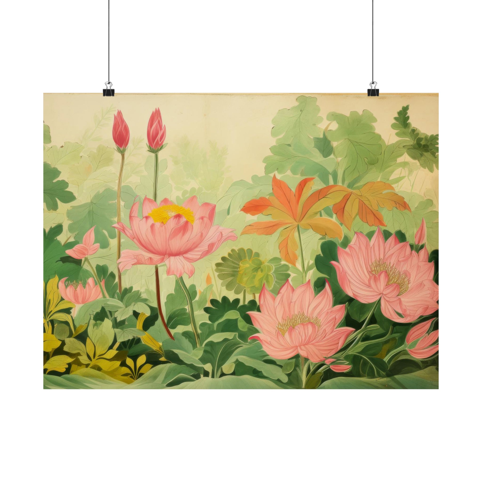 Art on walls: Illustrated botanical poster featuring pink lotus flowers and green foliage, perfect for wall decor from Printify's Botanic Floor collection, available in 3 sizes.